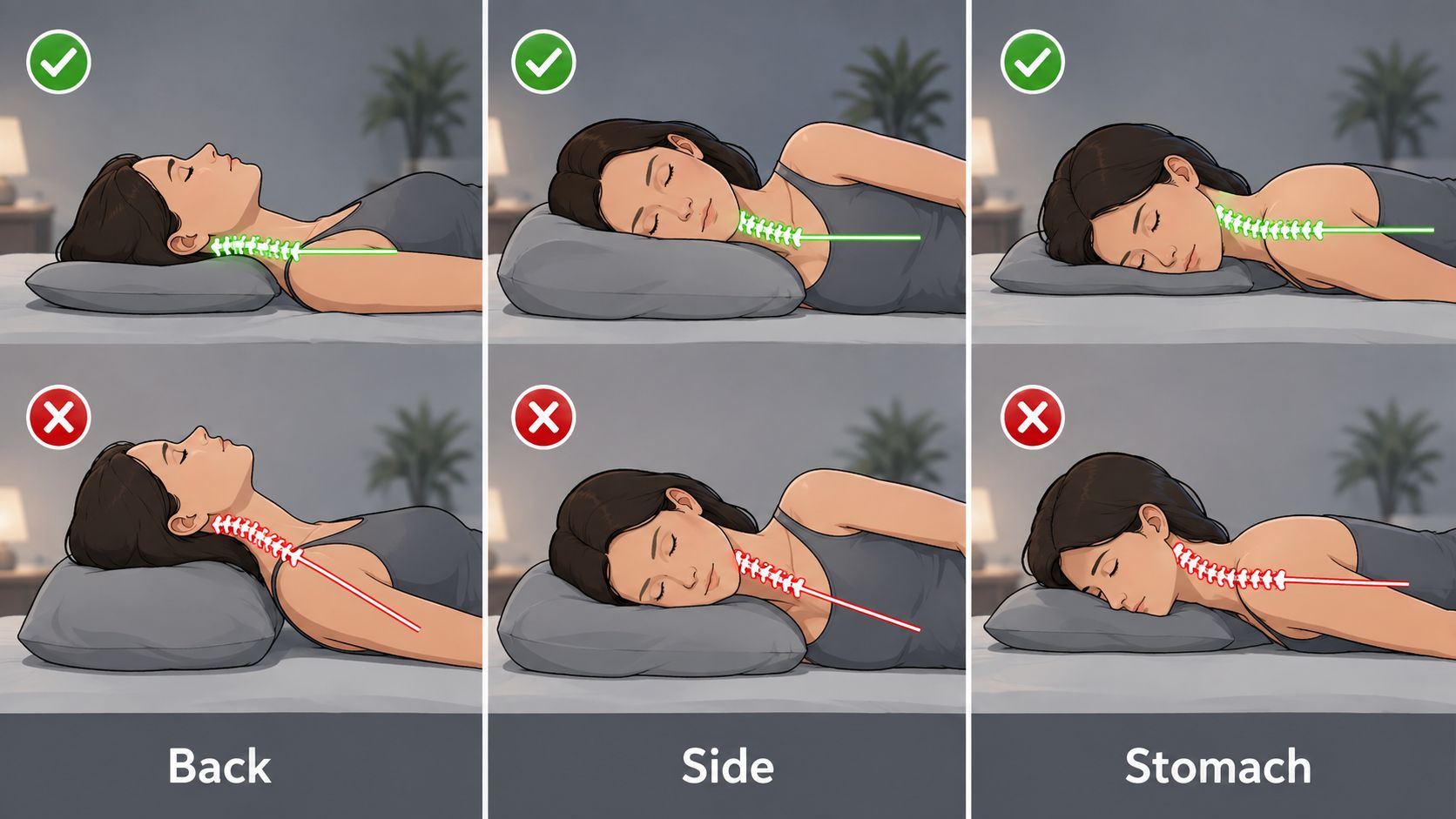 A diagram illustrating healthy and unhealthy sleeping positions for back, side, and stomach sleepers to reduce neck pain.