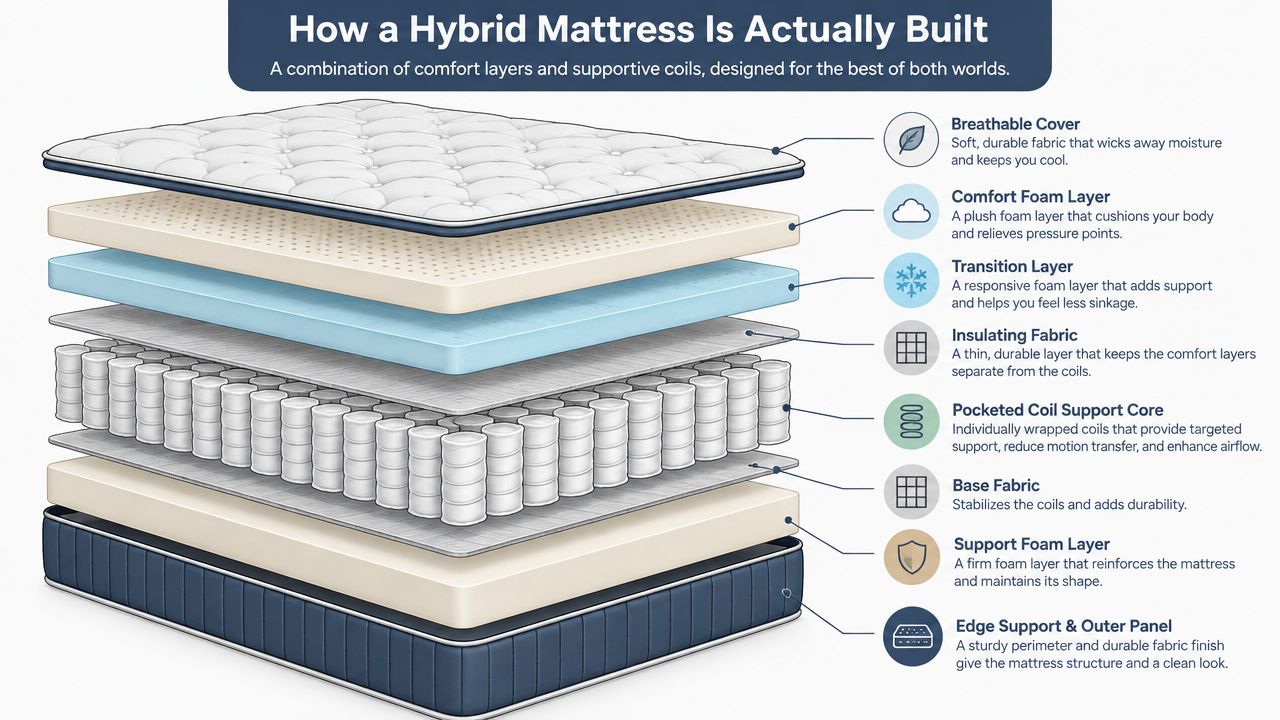 A detailed cross-section diagram showing the layers of a hybrid mattress including foam, coils, and fabric.