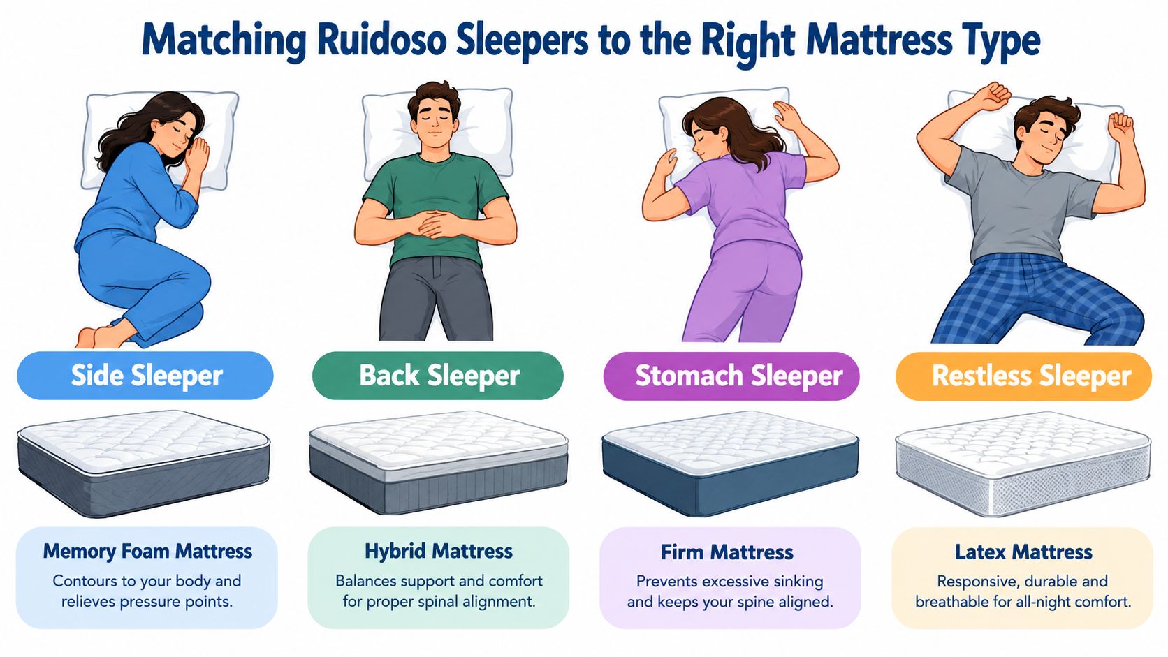 An infographic showing four types of sleepers matched with ideal mattress types for better sleep quality.
