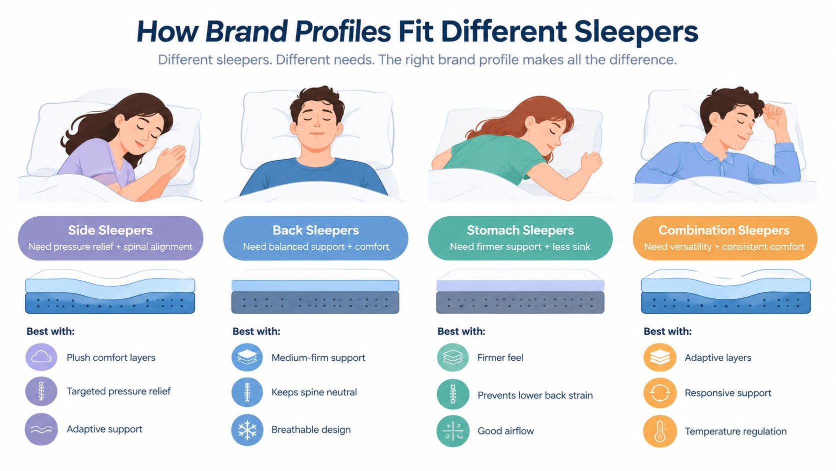 An infographic showing how different mattress types and comfort profiles are best suited for various sleep positions.