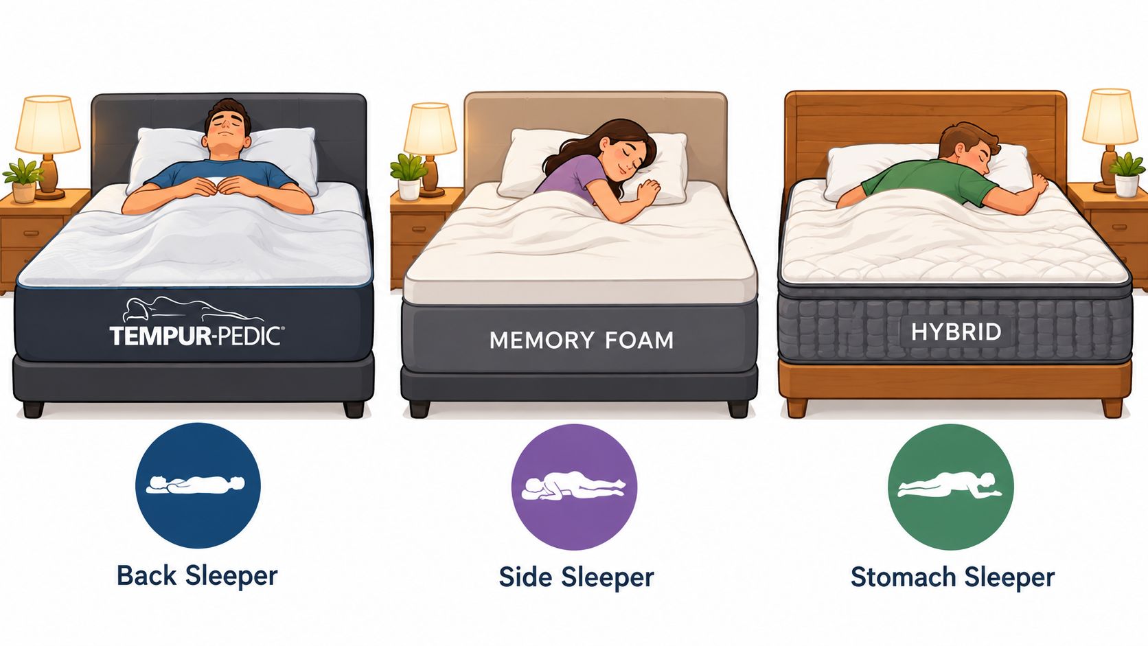 Three people sleeping in different positions on various mattress types, including Tempur-Pedic, memory foam, and hybrid models.