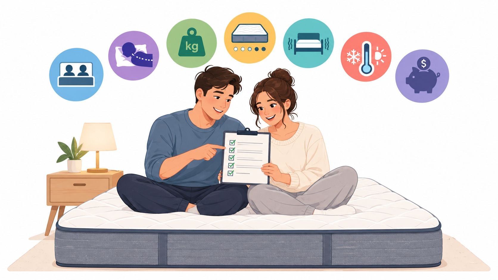 A young couple sitting on a mattress checking off a list regarding their mattress selection preferences.