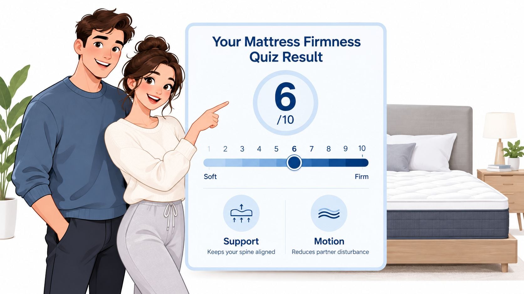 A happy couple looks at a graphic display showing a mattress firmness quiz result of 6 out of 10.
