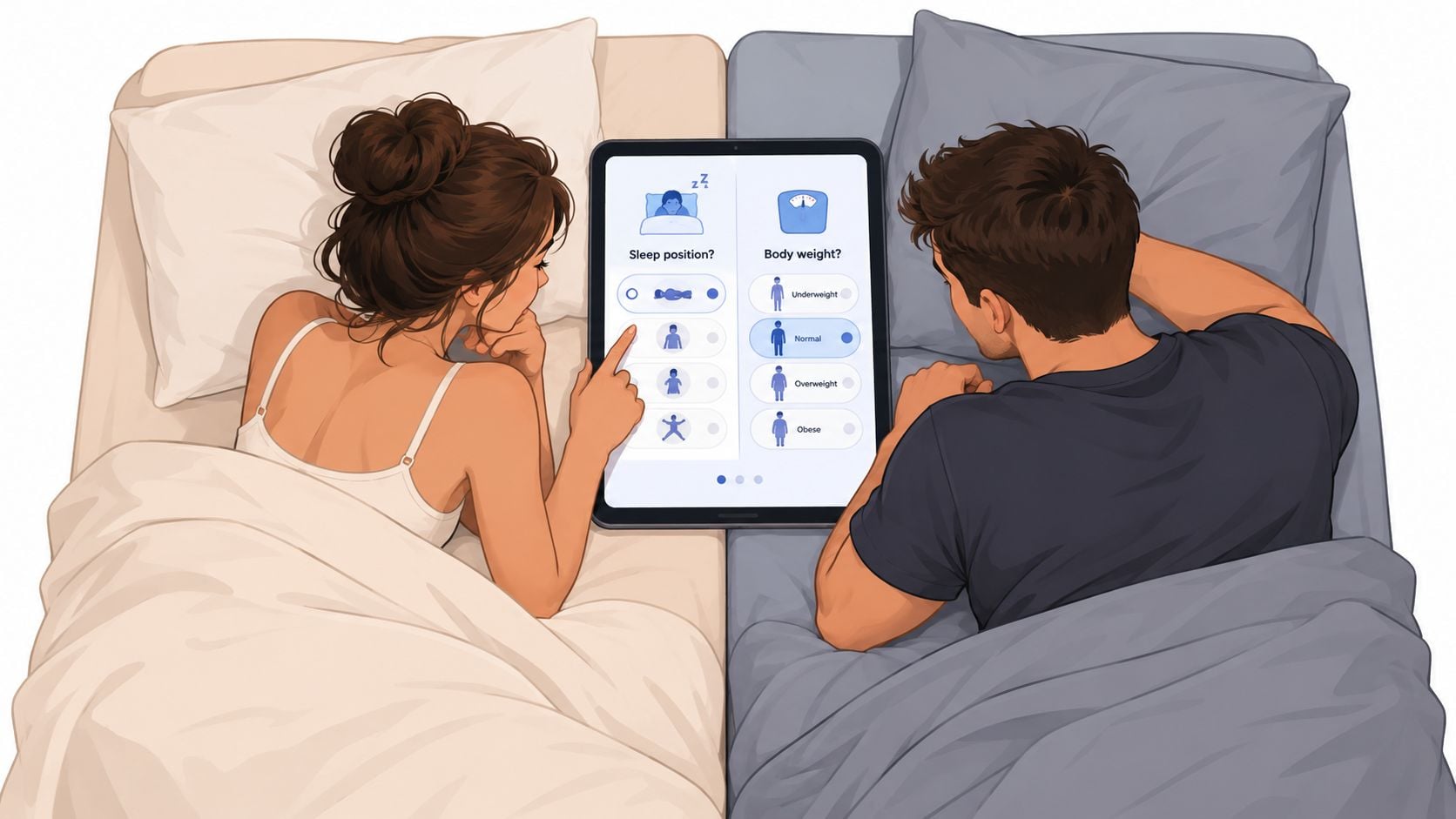 A couple lying in bed together while filling out a sleep questionnaire on a tablet device.