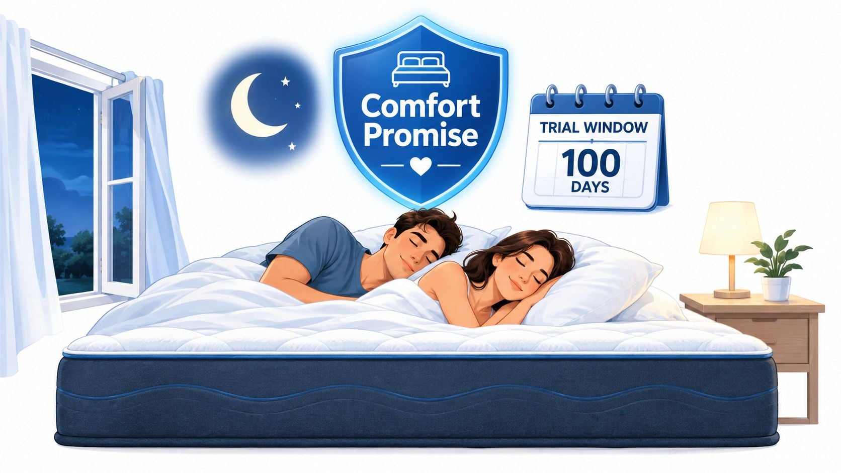 A happy couple sleeping peacefully on a comfortable mattress under a 100-day trial comfort promise shield.