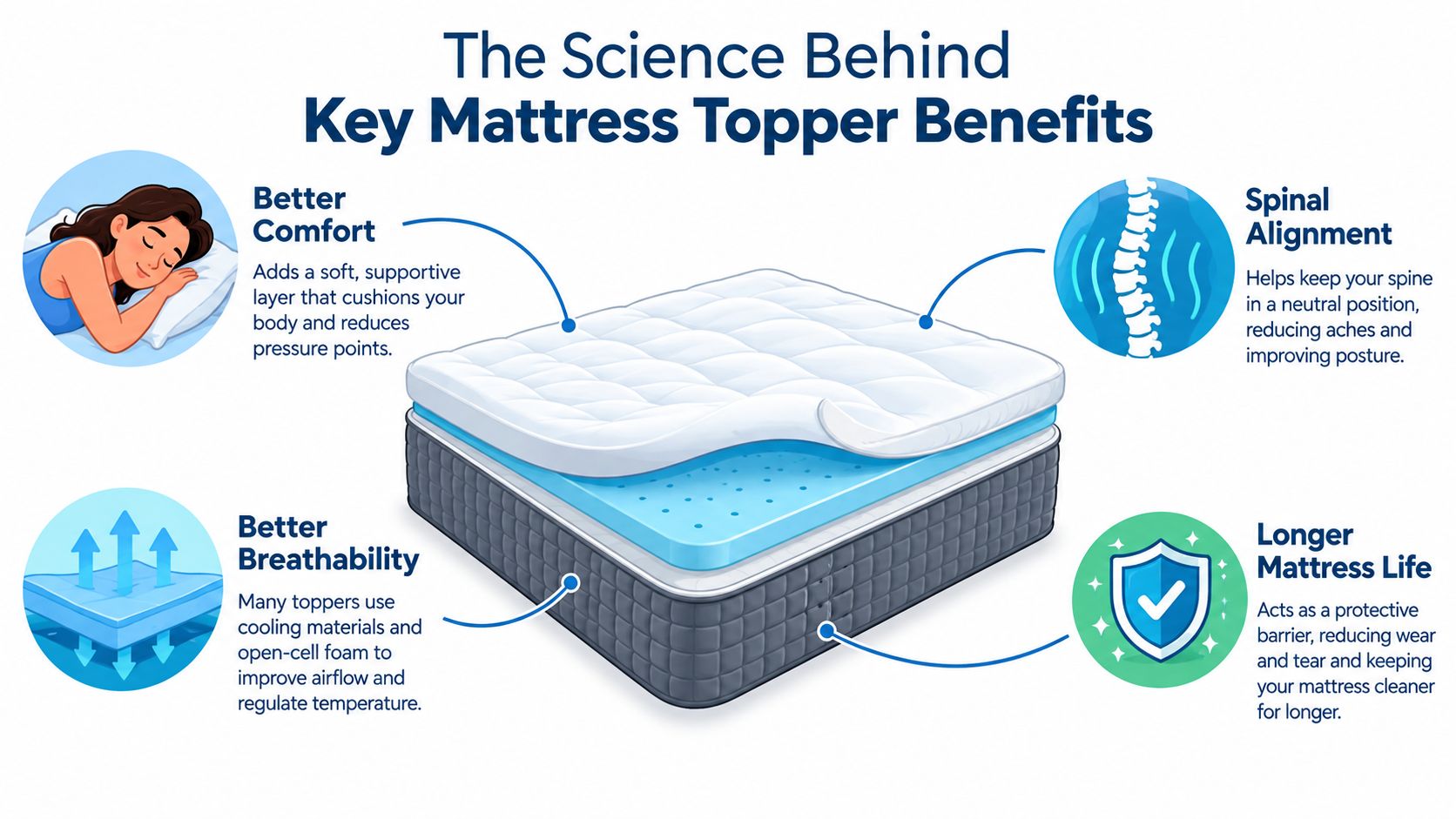 An infographic illustrating four key benefits of using a mattress topper, including comfort, spinal alignment, breathability, and durability.