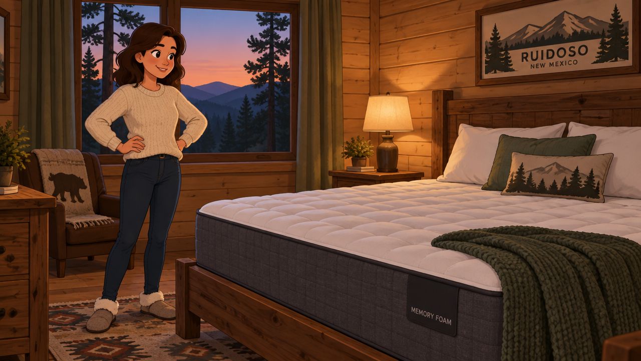 A happy woman standing in a cozy rustic cabin bedroom next to a comfortable memory foam mattress.