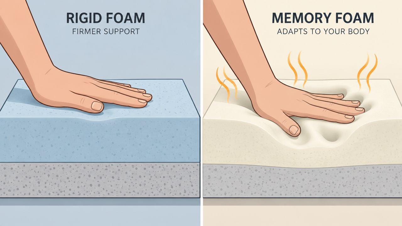 A comparison illustration showing a human hand pressing into rigid foam versus heat-sensitive memory foam mattress material.