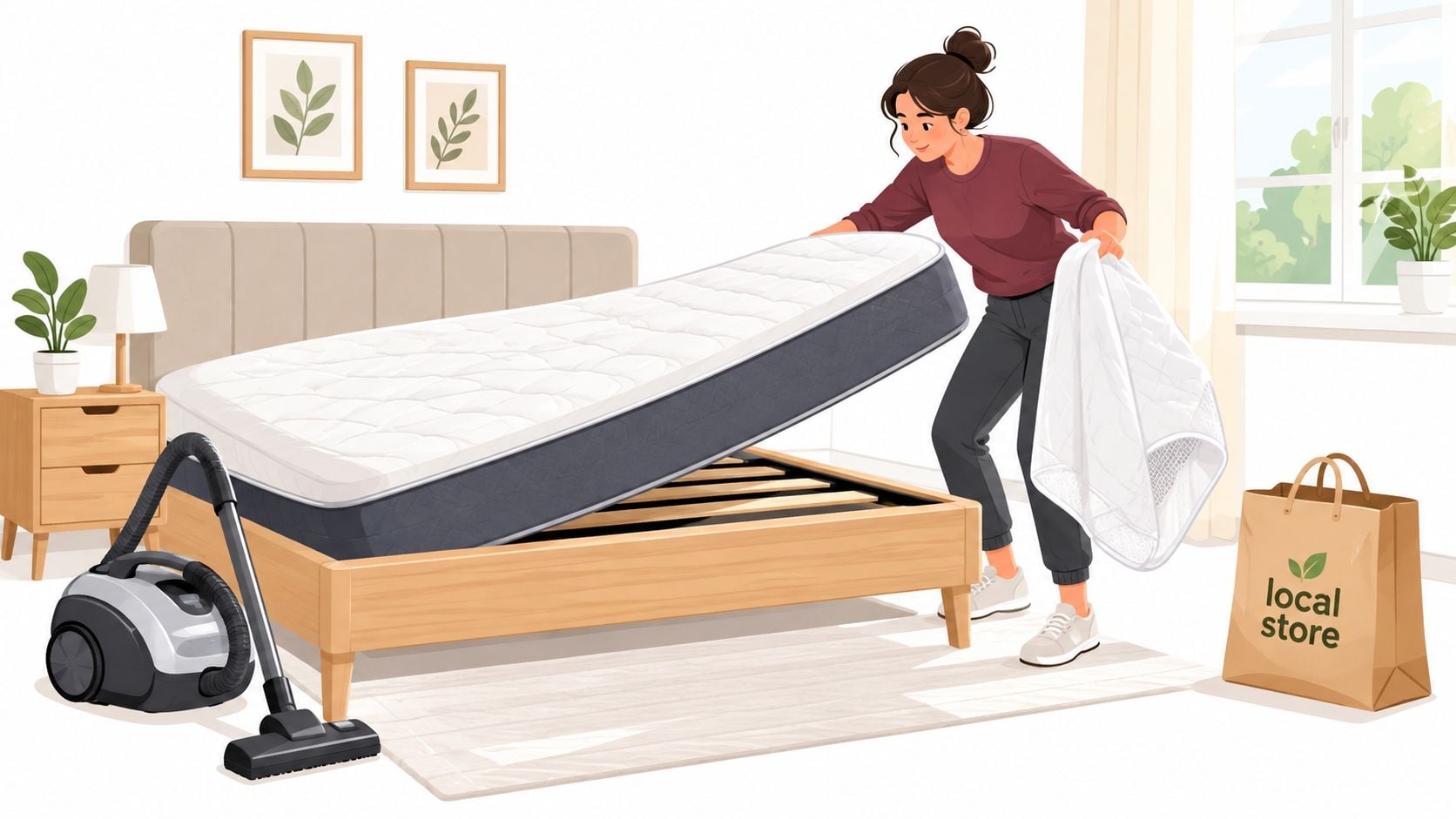 A young woman lifts a memory foam mattress on a wooden bed frame while cleaning her bedroom.