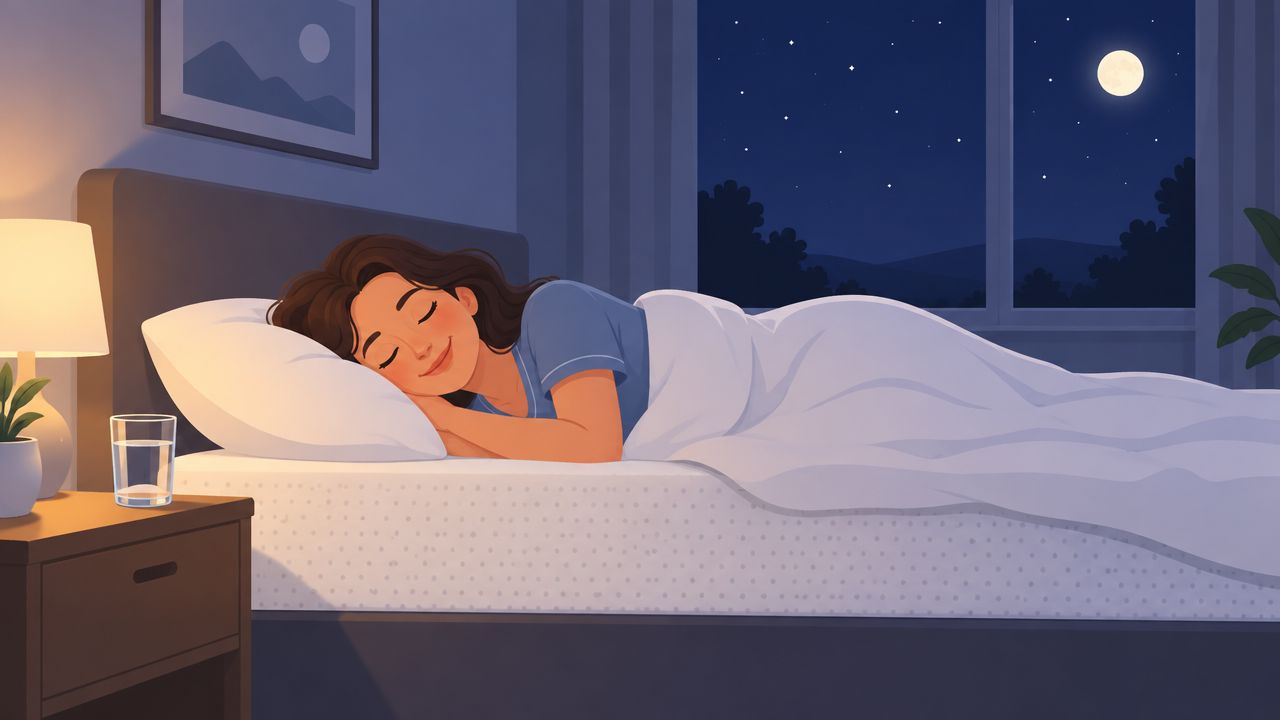 A woman sleeping peacefully on a comfortable bed with a memory foam mattress in a bedroom.