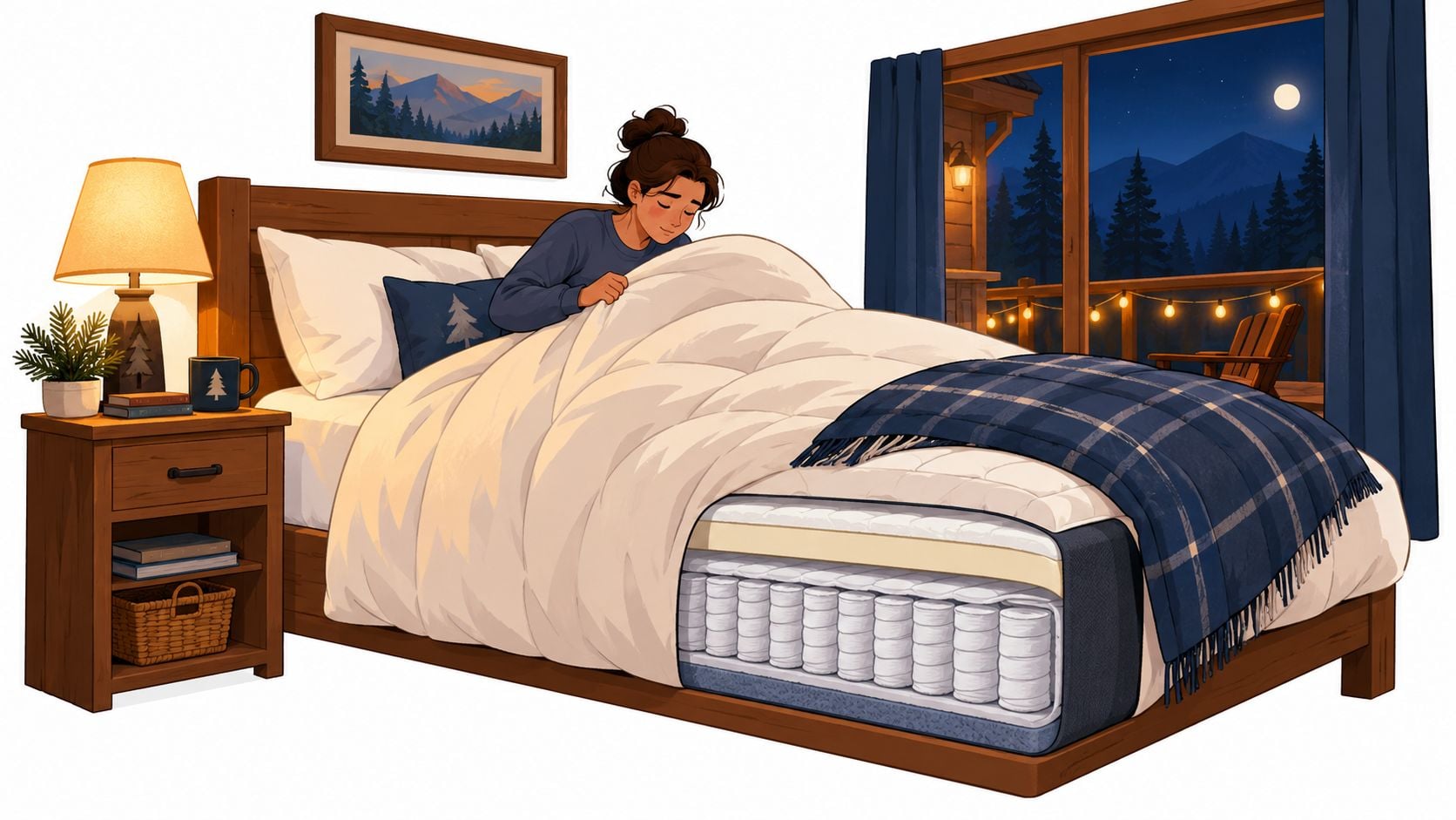 A young woman tucking herself into a bed featuring a visible cross-section of a pocket coil mattress.