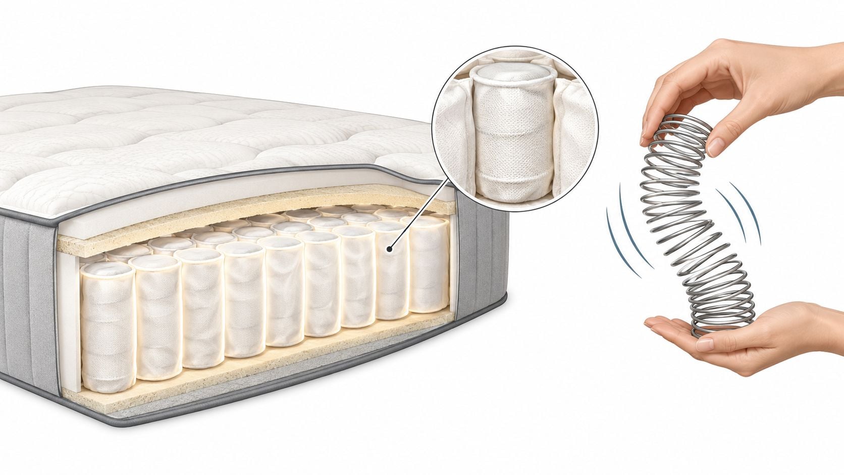 A cross-section view of a pocket coil mattress showing individual springs inside fabric pouches.