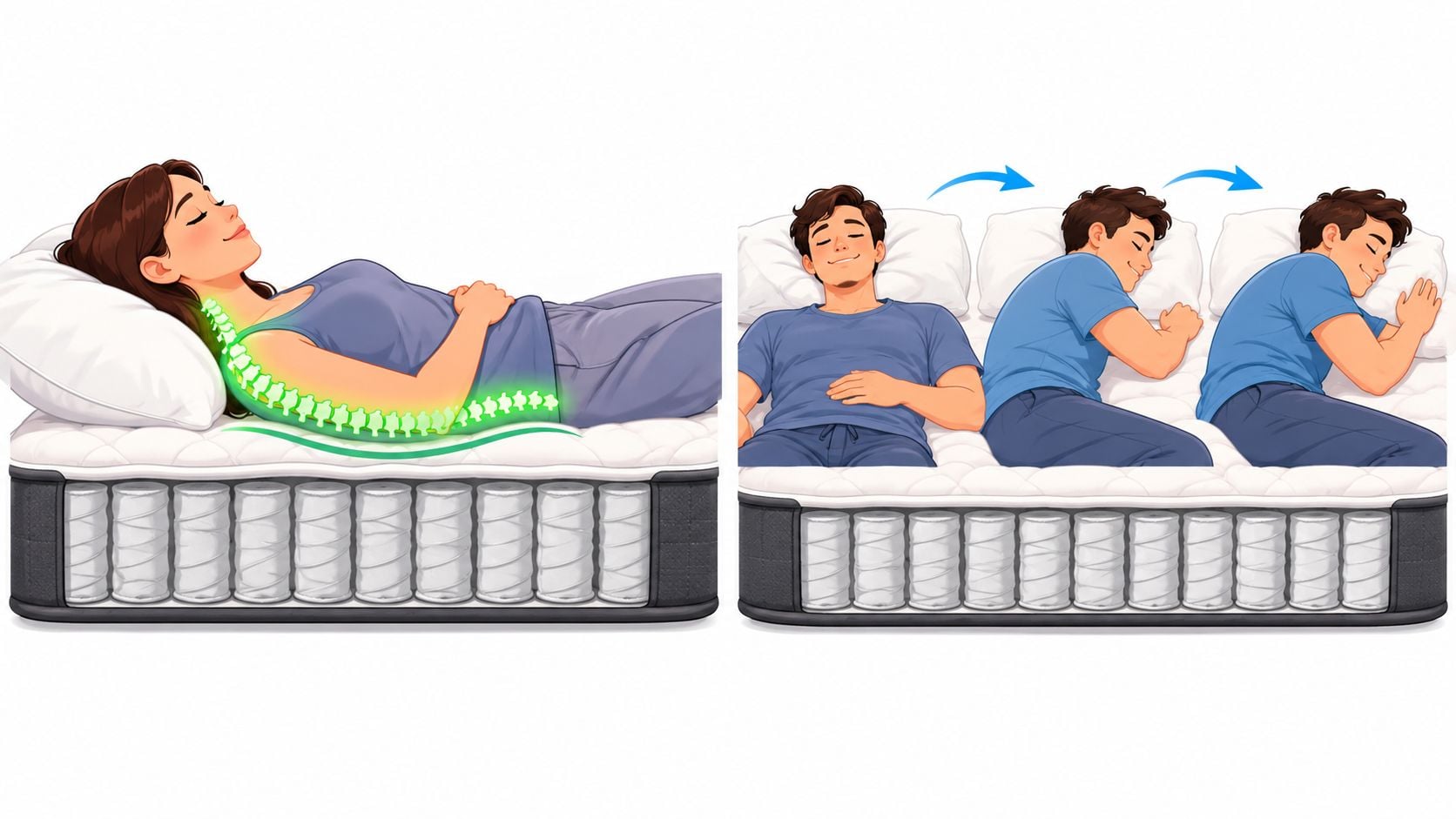 A cross-section illustration showing a person sleeping on a mattress with individual pocket coil spring support.