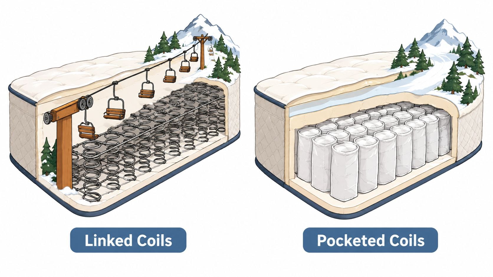 A diagram comparing the internal structure of linked coils and pocketed coils in a mattress.