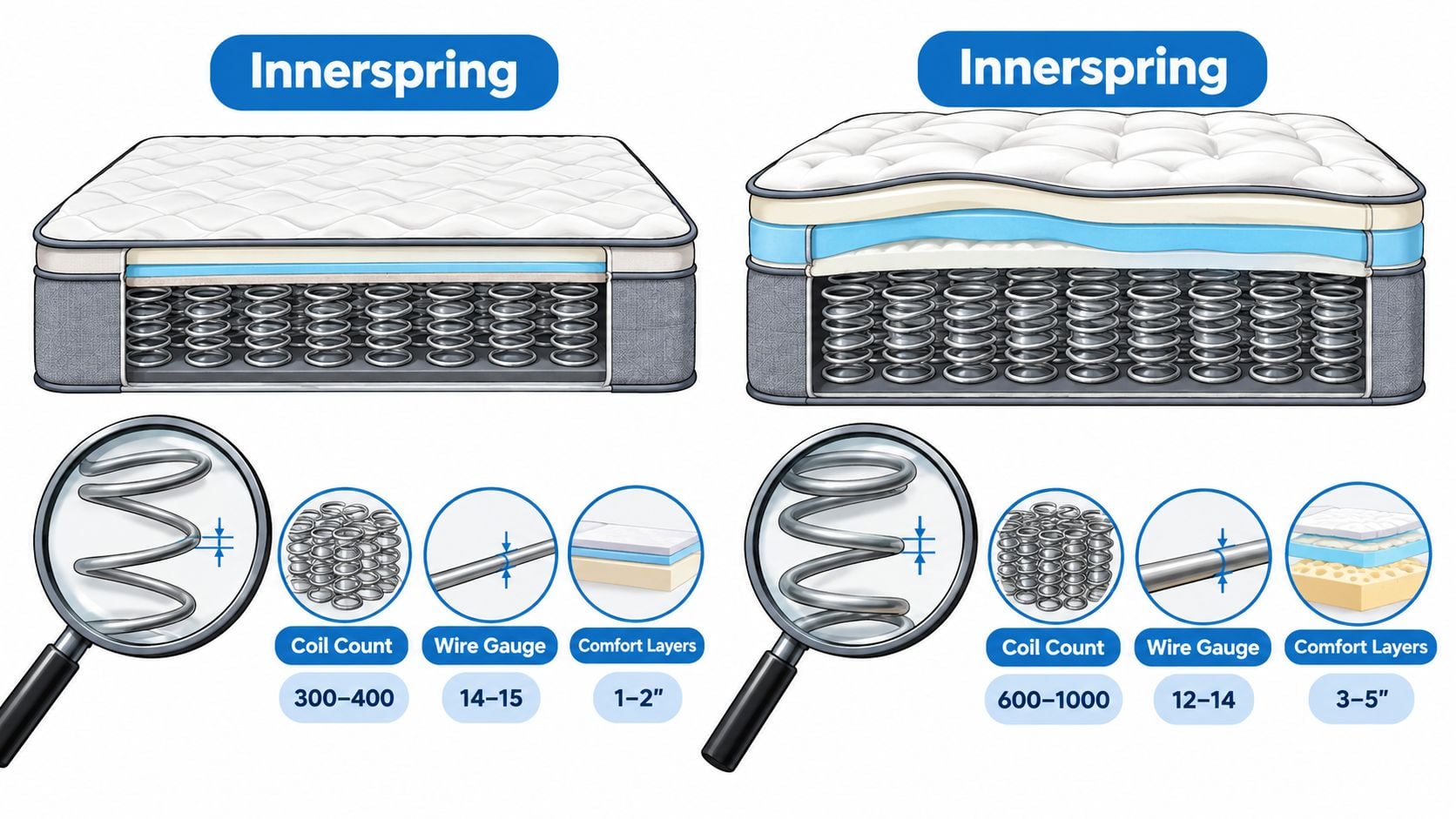 A comparison illustration of two different innerspring mattress types featuring varying coil counts, wire gauges, and comfort layer thicknesses.