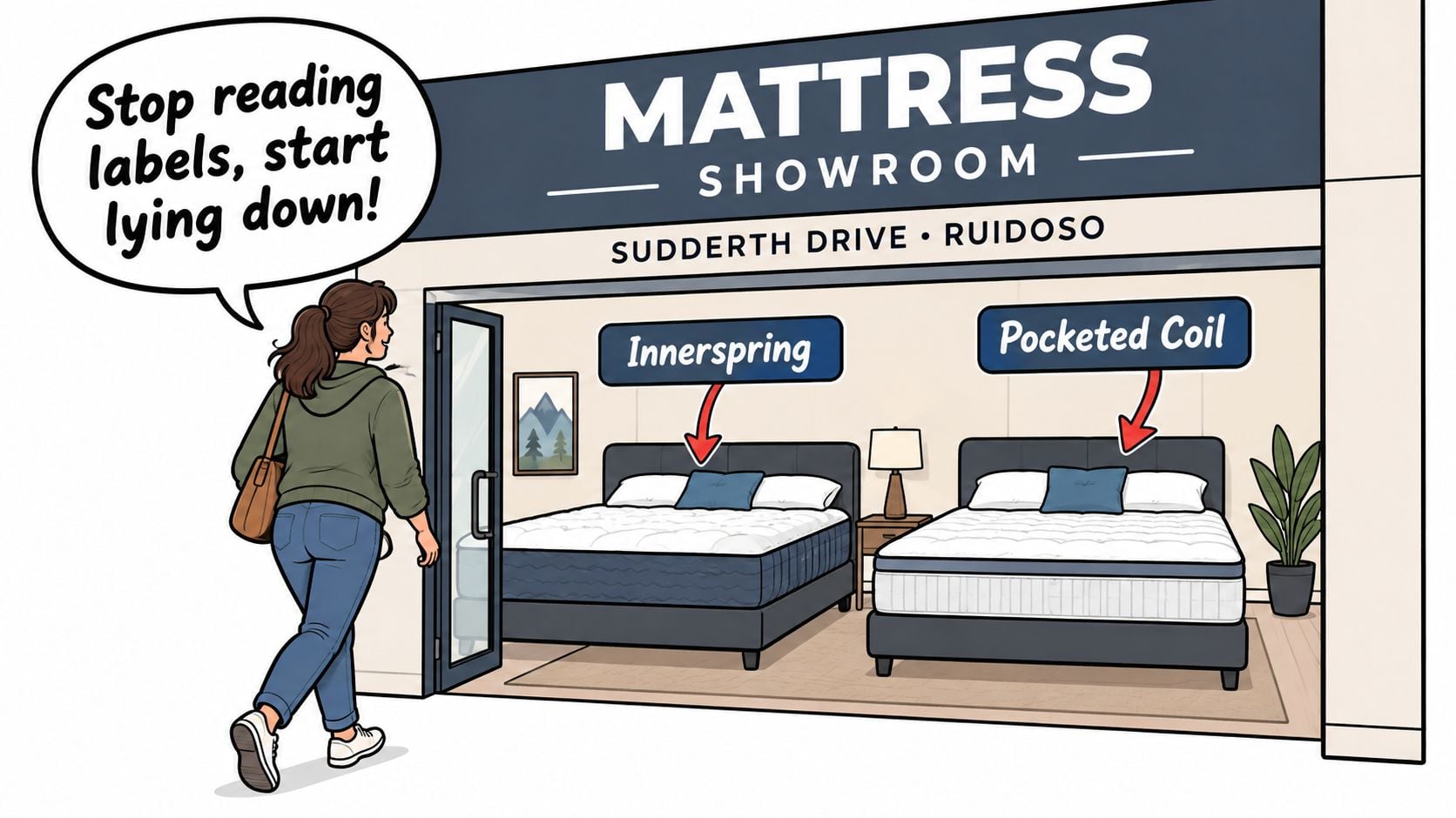 A woman walks toward a mattress store showroom featuring displays labeled with innerspring and pocketed coil options.