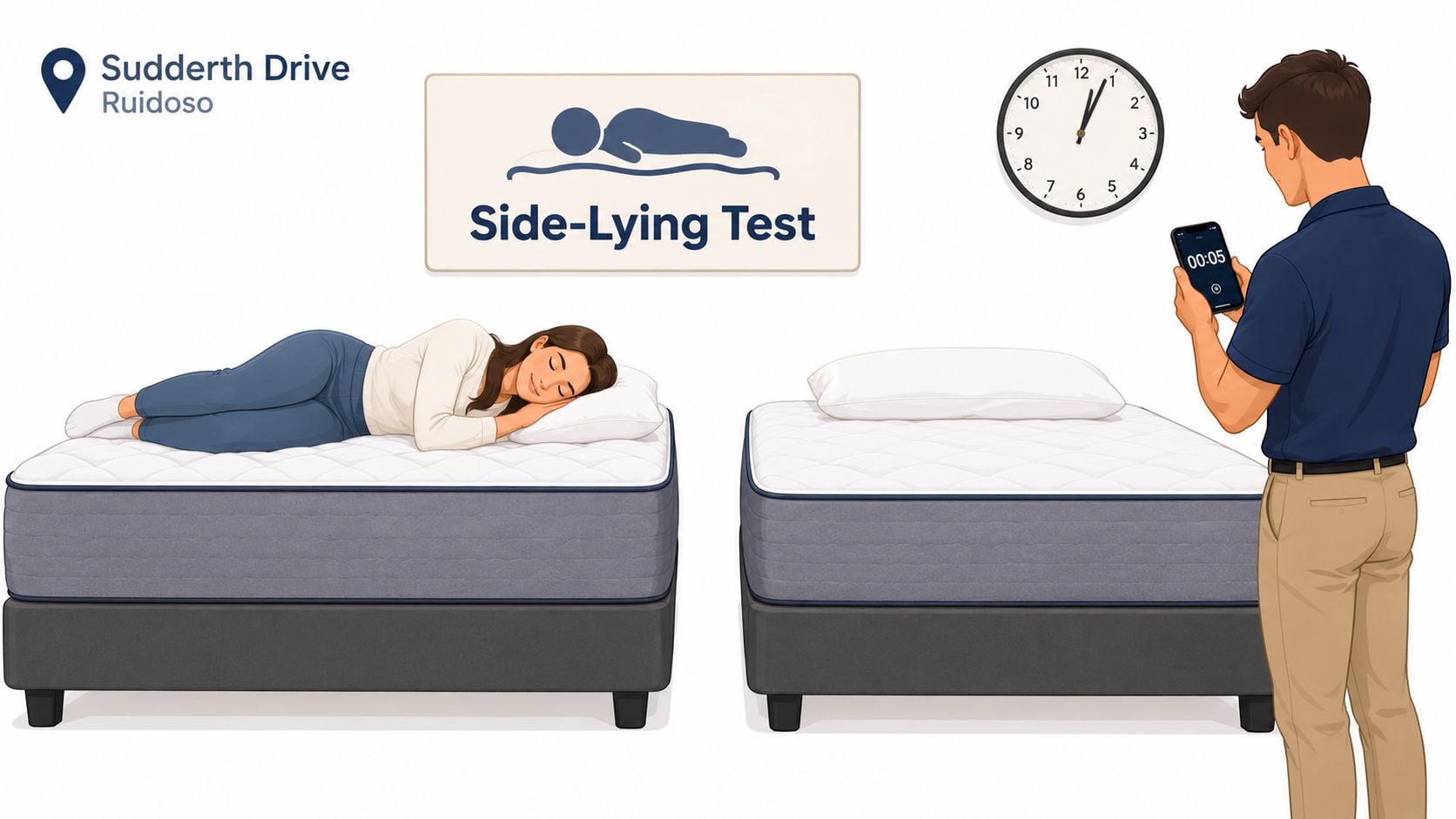 A woman lying on a mattress while a man times the side-lying comfort test with a phone.
