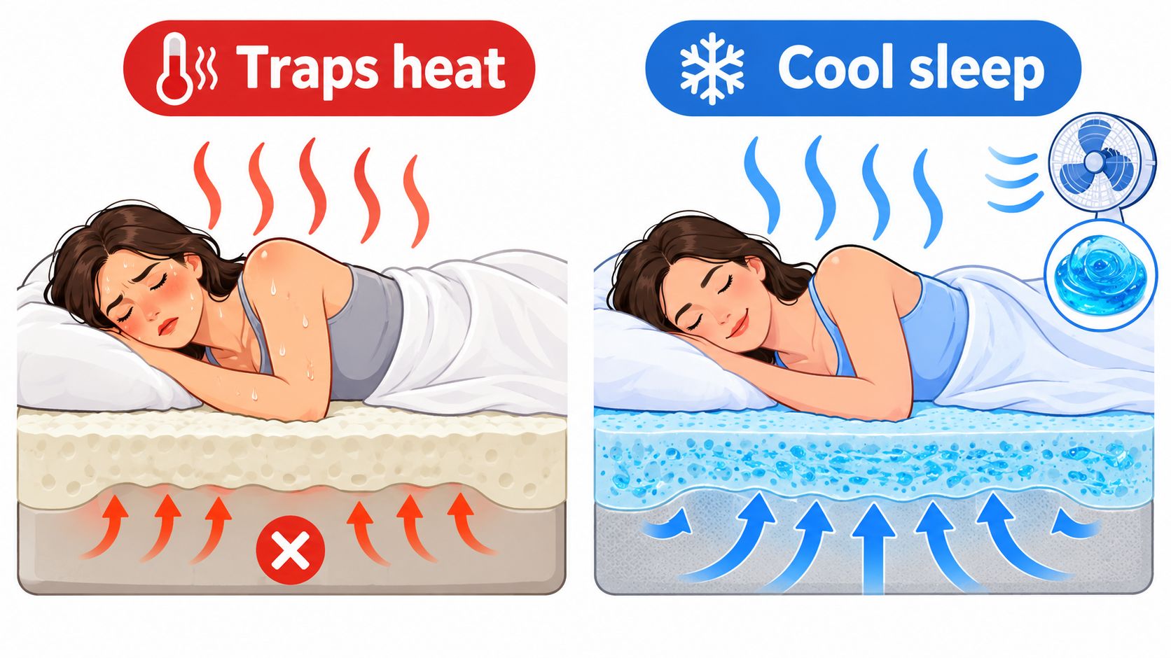 A split image comparing a woman sleeping hot on a standard mattress versus sleeping cool on a mattress.