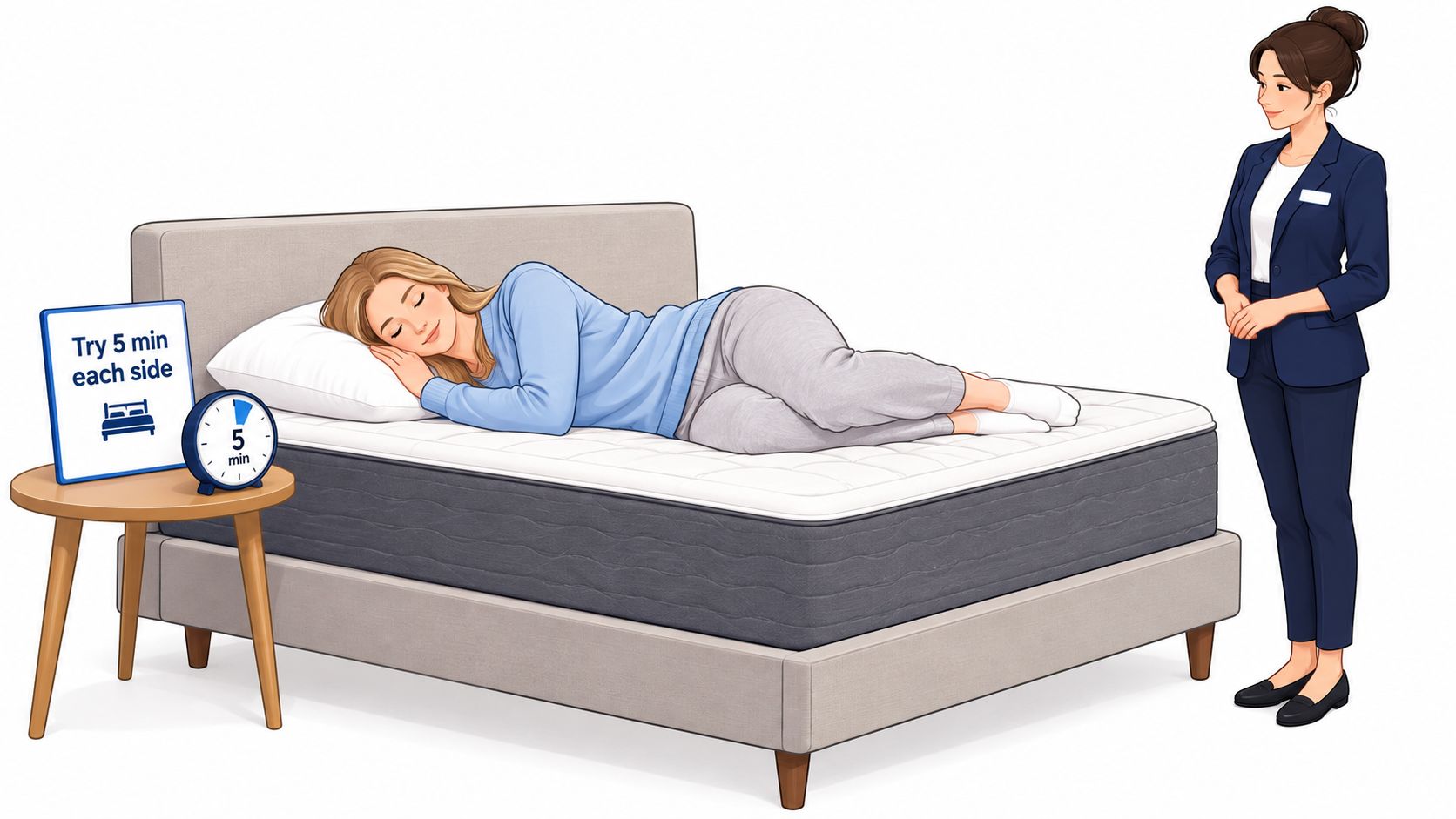 A woman testing a comfortable memory foam mattress in a showroom while a salesperson watches nearby.