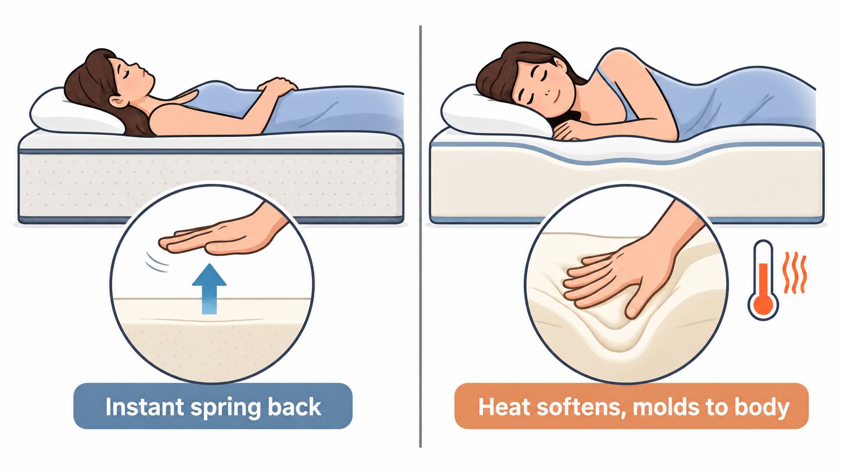 A comparison showing an innerspring mattress that springs back versus a heat-sensitive memory foam mattress molding to a body.