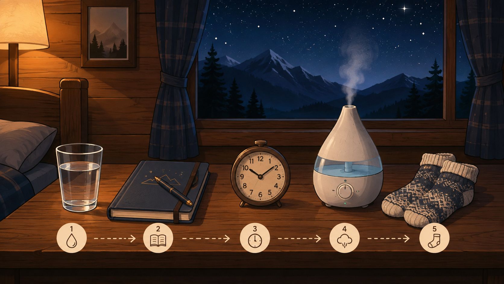 A cozy bedside table with a glass of water, journal, alarm clock, humidifier, and warm socks.