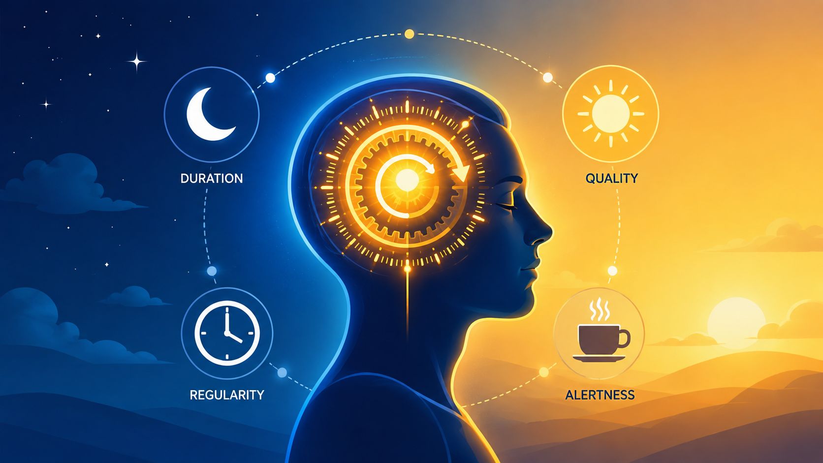 A digital illustration of a human profile showing sleep-related concepts like duration, regularity, quality, and alertness.