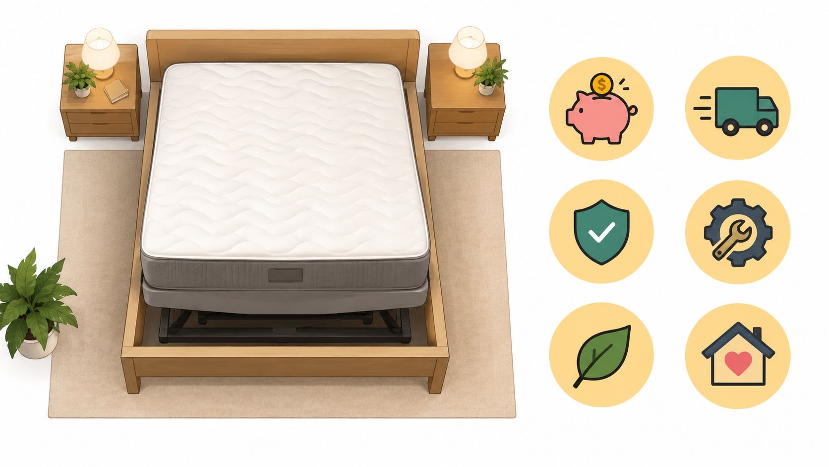 A top-down view of an adjustable bed frame with a mattress surrounded by bedroom furniture and icons.