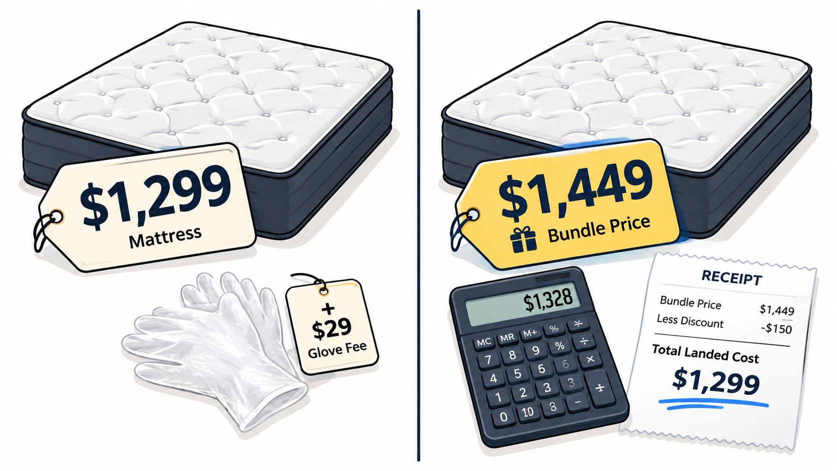A comparison showing a standalone mattress purchase versus a bundled mattress package including a delivery fee.