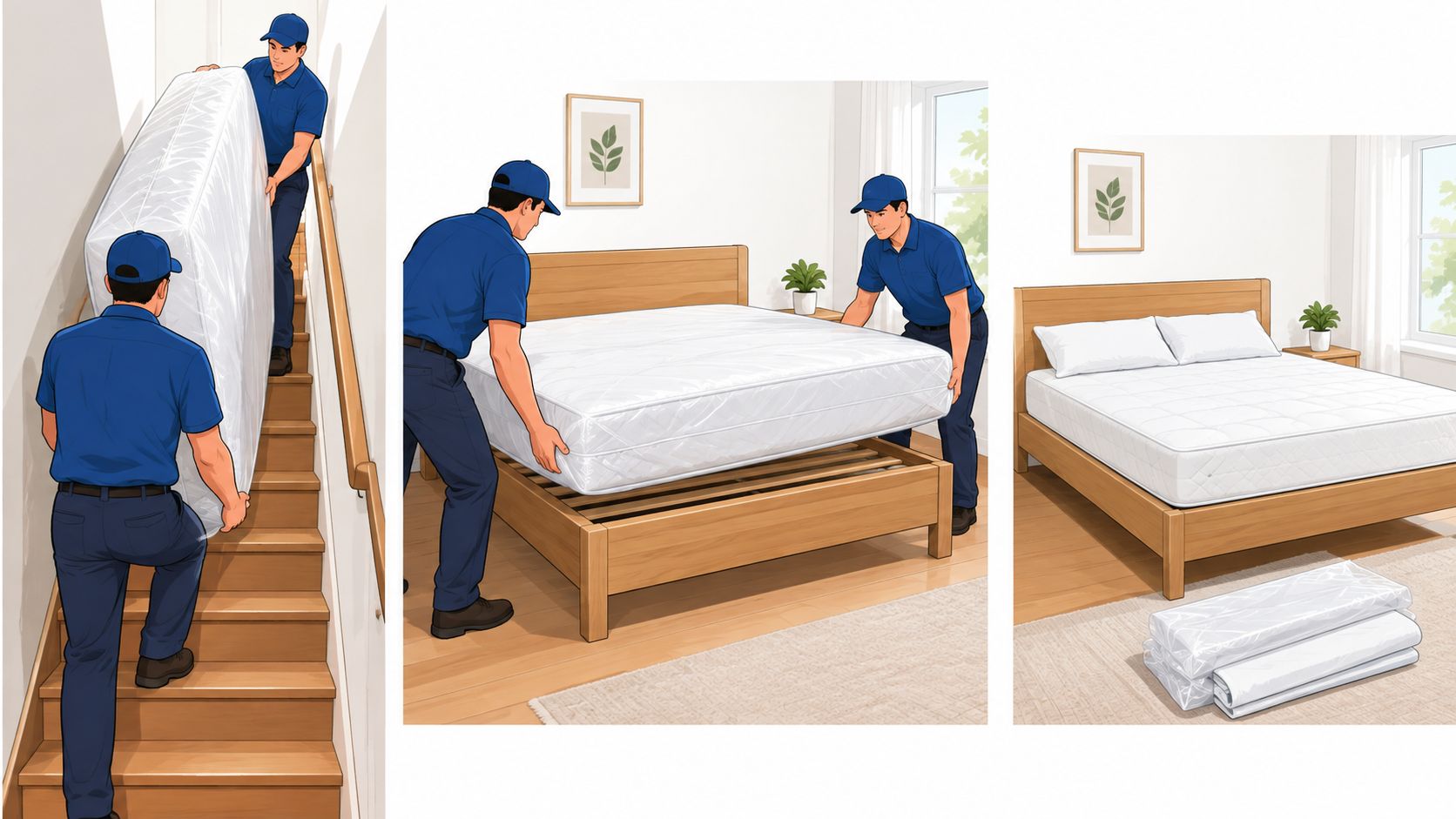 Two delivery workers in blue uniforms install a new mattress onto a wooden bed frame in a bedroom.