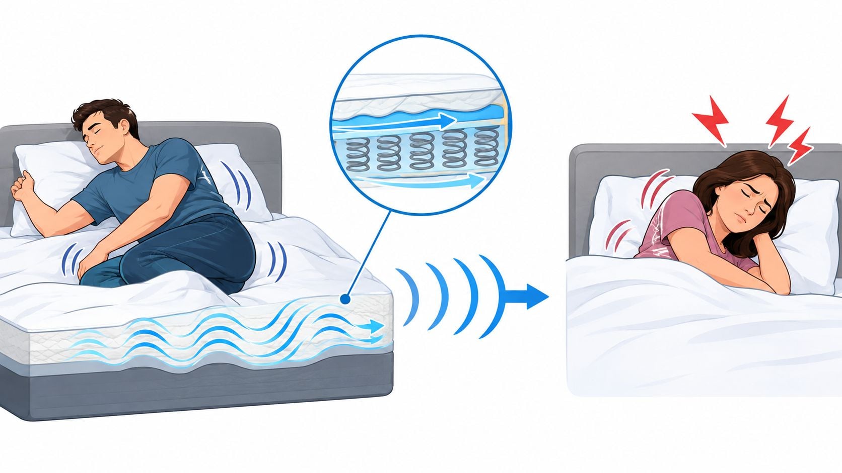 A diagram illustrating motion transfer in a mattress, showing one person moving while disturbing the other's sleep.