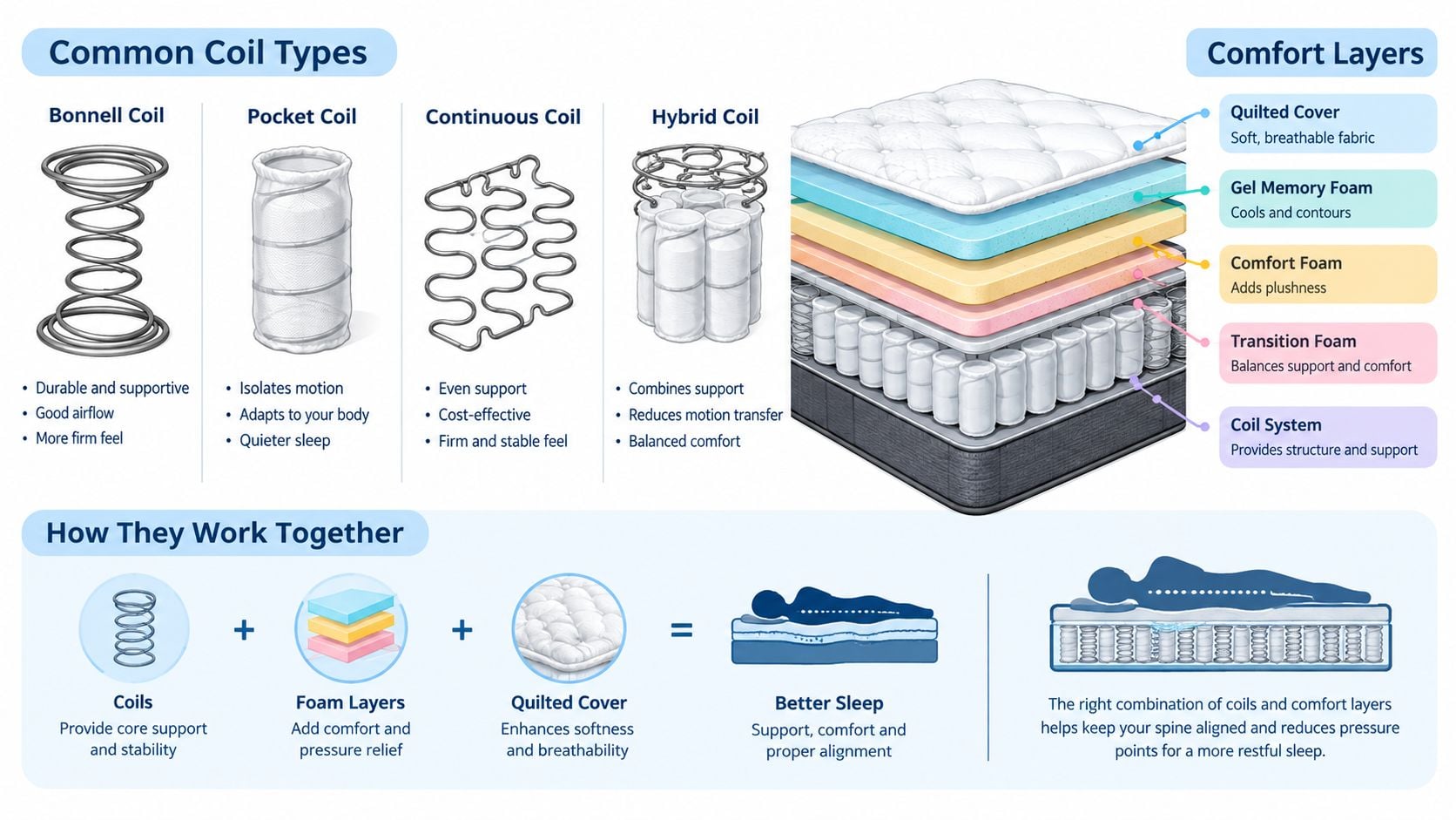 A detailed infographic showing different mattress coil types, comfort layers, and how they contribute to sleep.