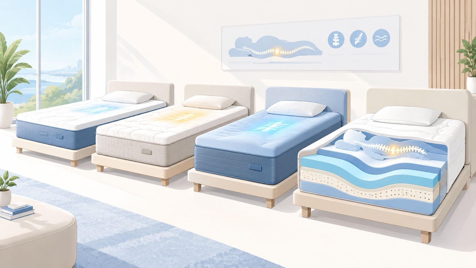 A showroom display featuring four different mattress models showcasing spinal support and internal layer design for comfort.