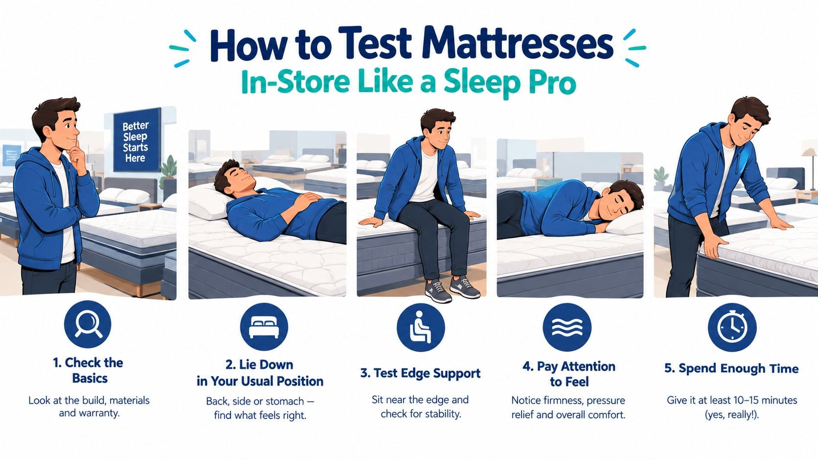 An infographic illustrating five essential steps to properly test a new mattress in a store.