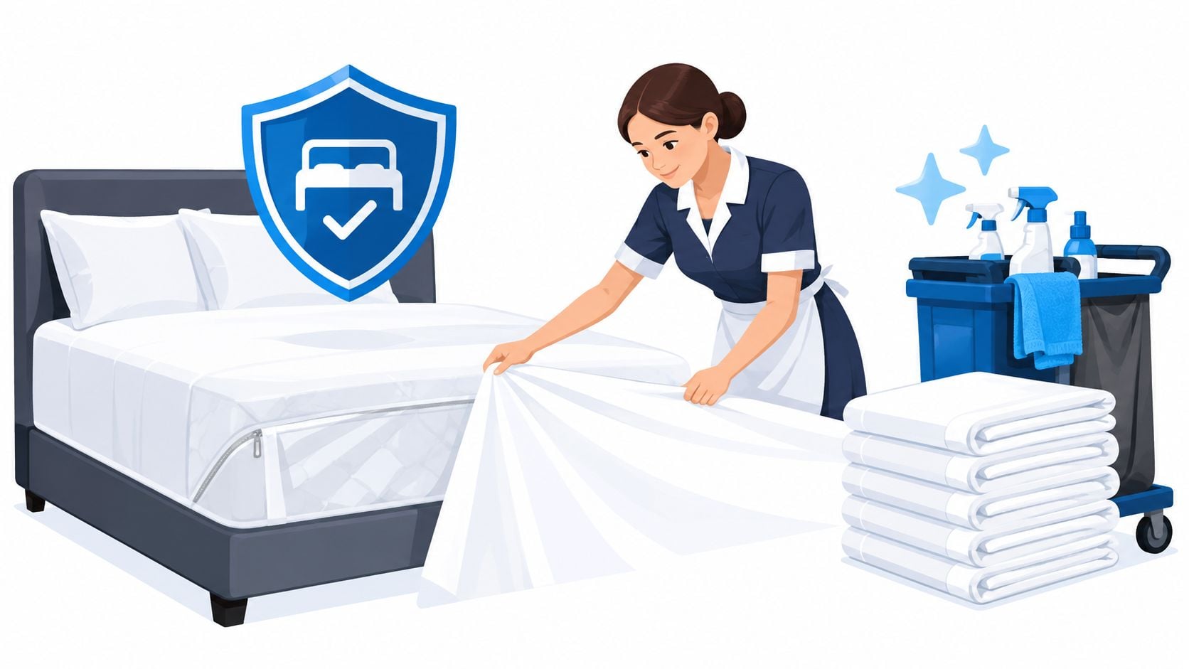 A professional housekeeper making a bed with a protective mattress cover in a clean hotel room.