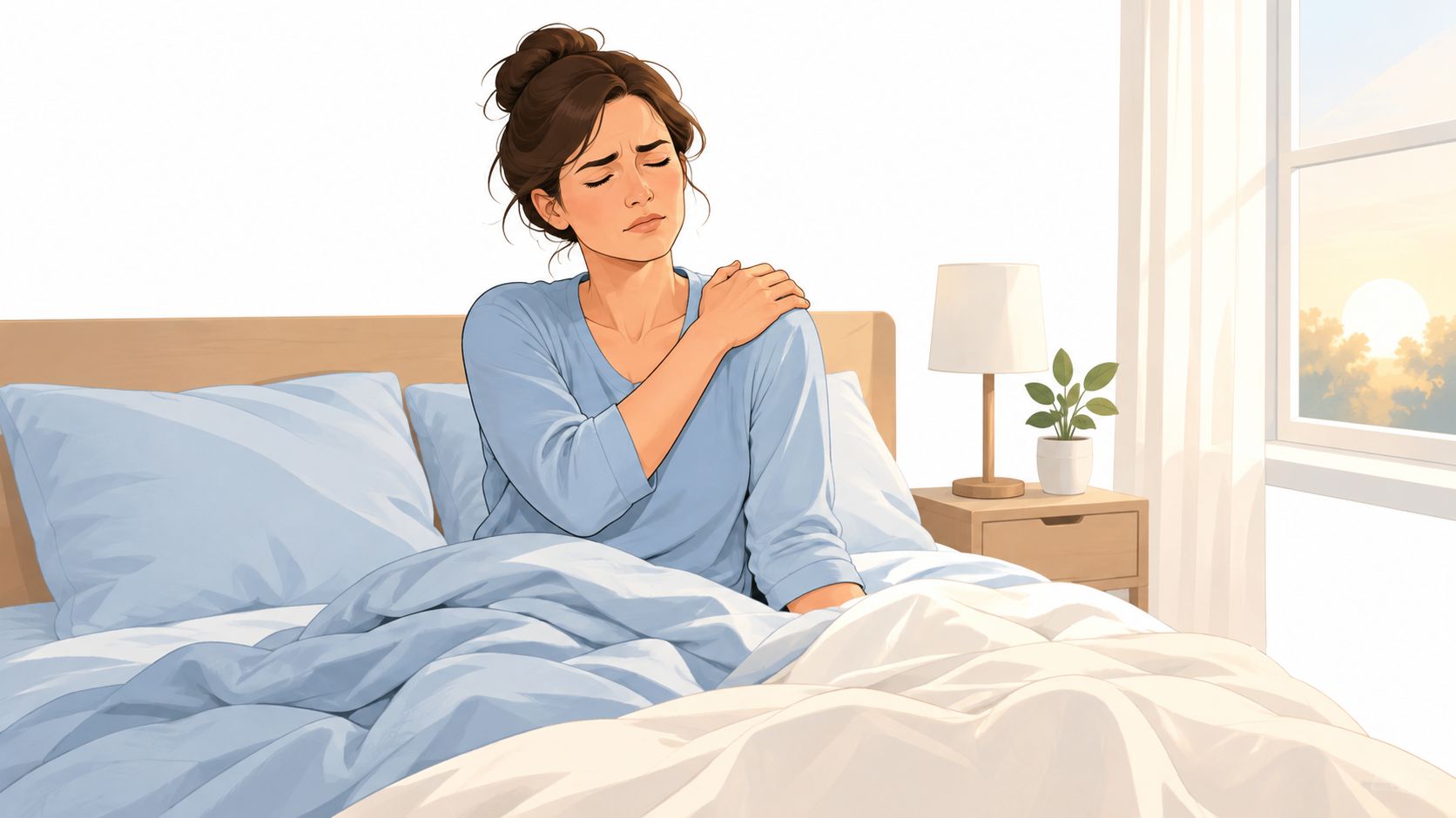 A woman waking up in bed feeling pain in her shoulder while sitting under a blue blanket.