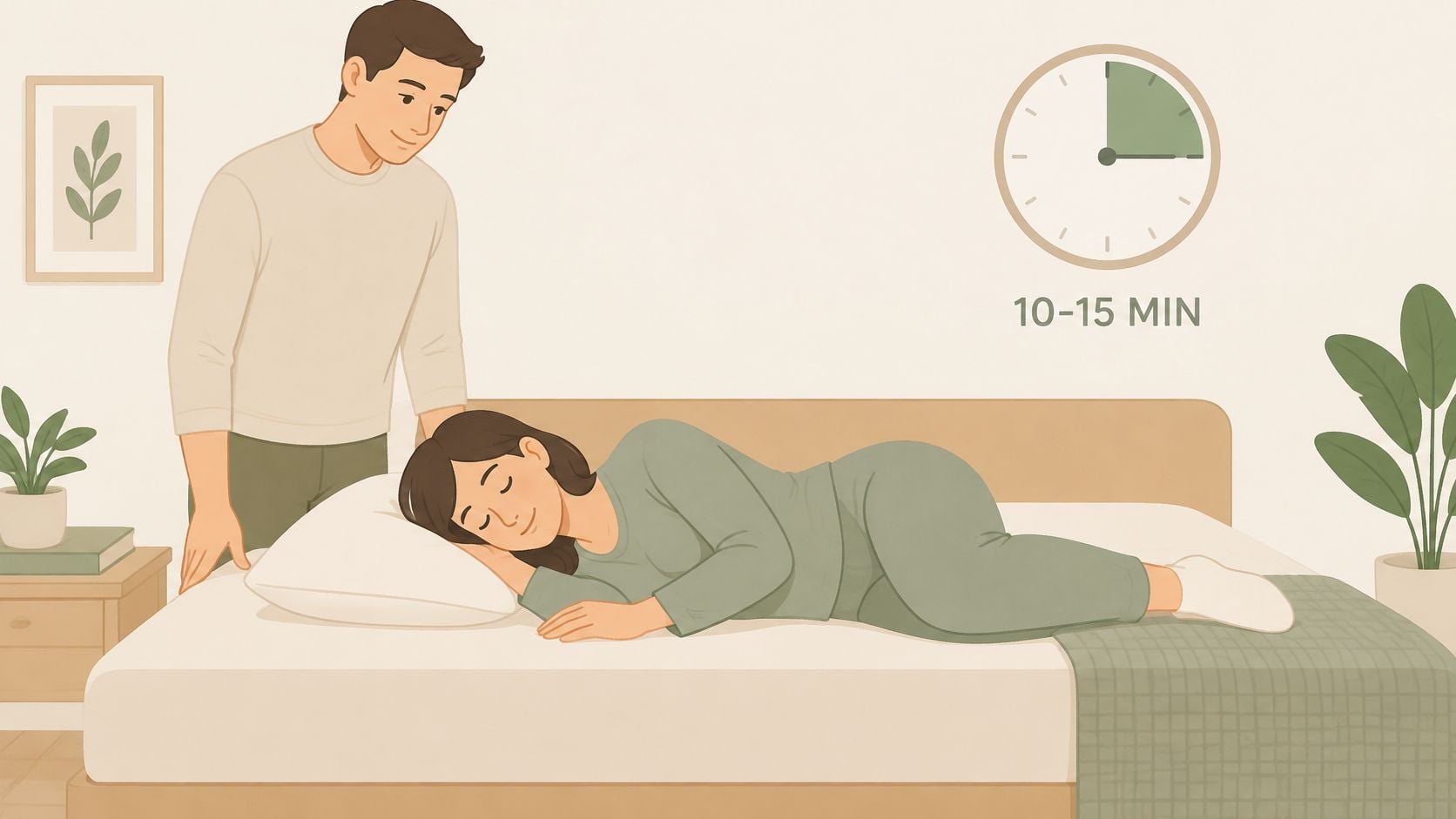 A man watches over a woman resting comfortably on a mattress for ten to fifteen minutes.
