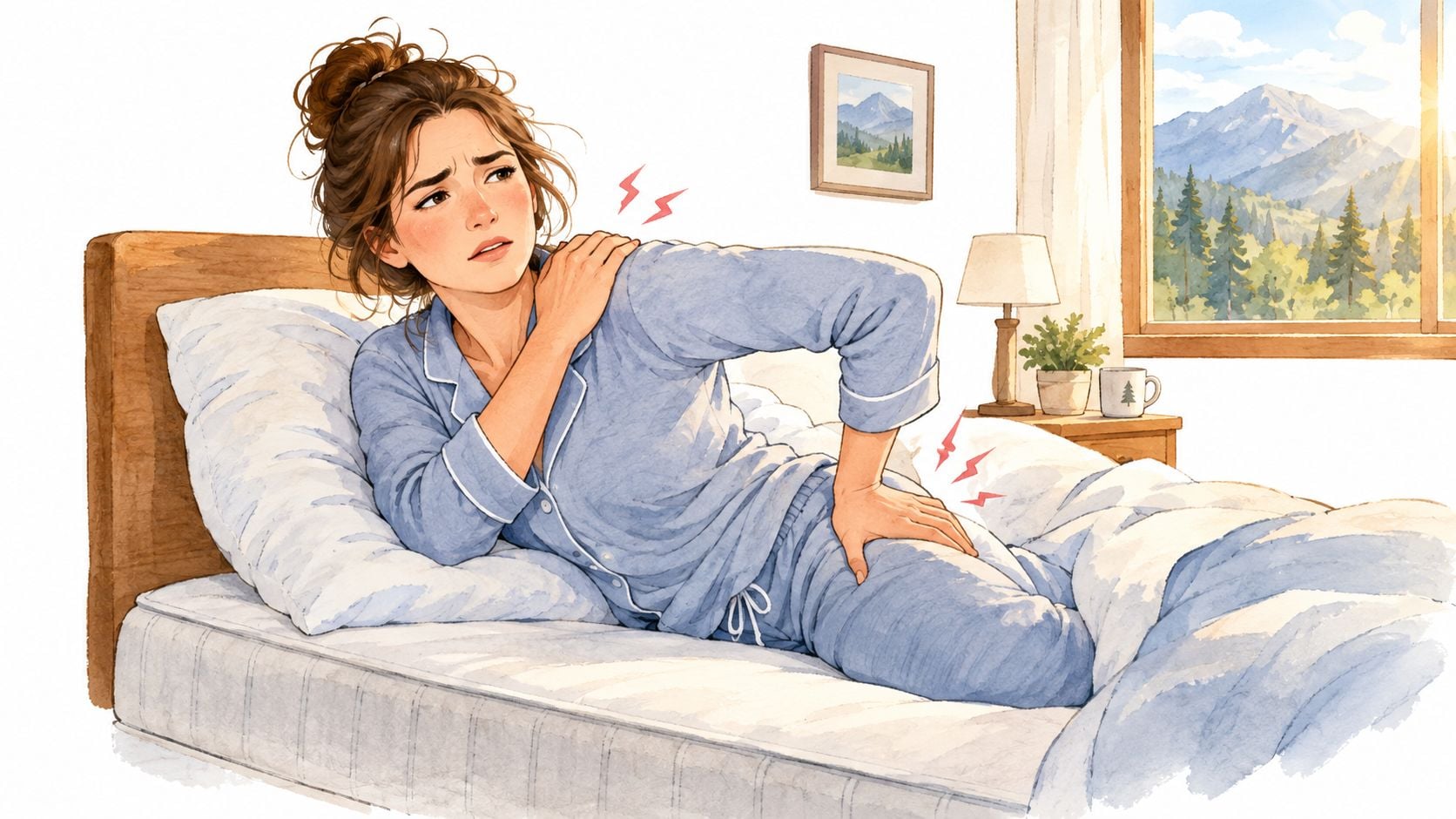 A woman in pajamas lying in bed, experiencing discomfort in her shoulder and hip area.
