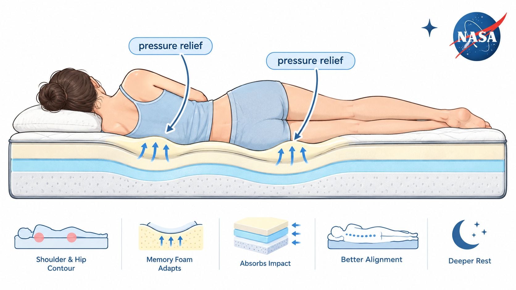 A cross-section illustration showing a person lying on a memory foam mattress with pressure relief points highlighted.