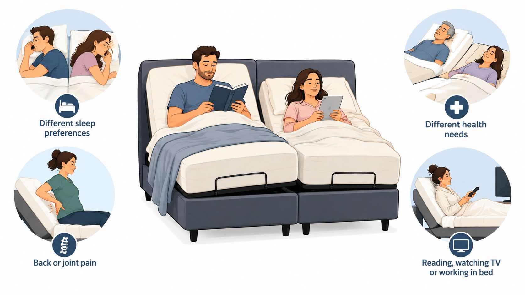 A split adjustable bed showing a couple with different sleeping preferences, health needs, and daily activities.