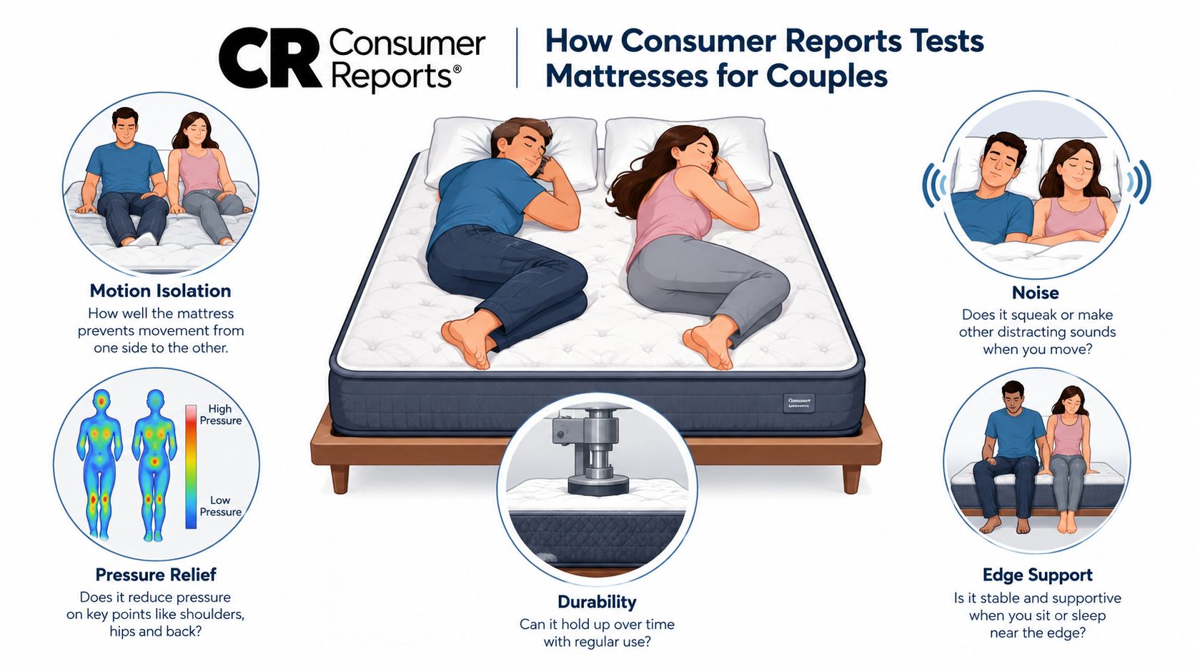 An infographic by Consumer Reports illustrating four key factors for testing mattresses designed for couples.