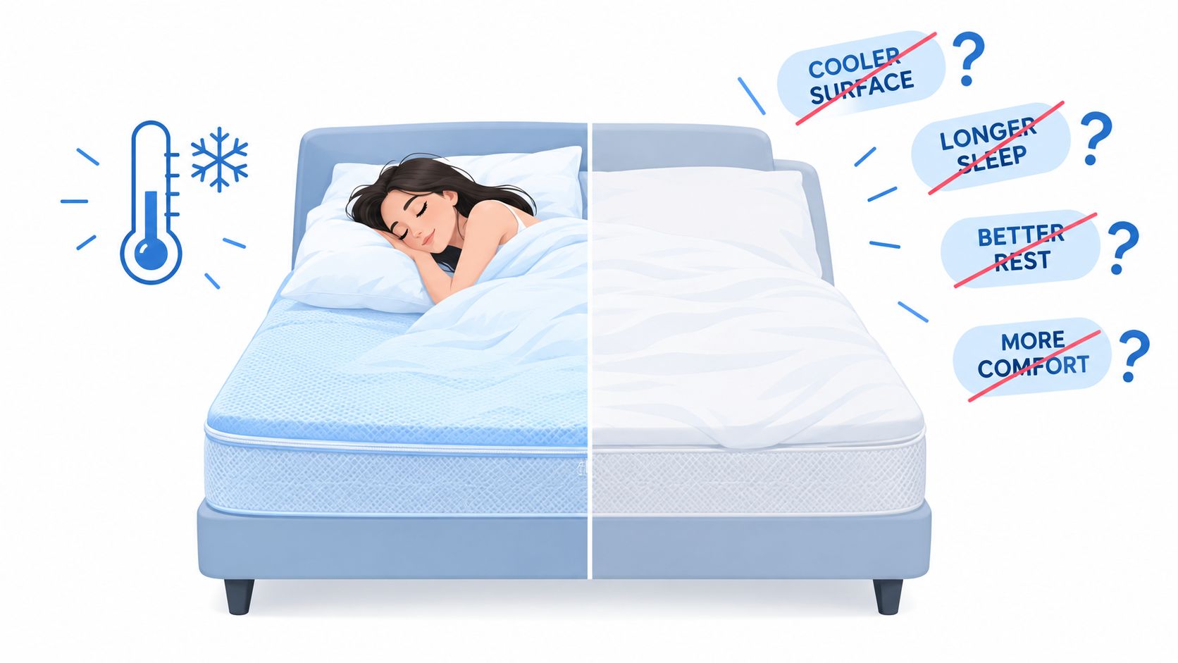 A woman sleeping comfortably on a cool blue mattress side compared to a blank white side with question marks.
