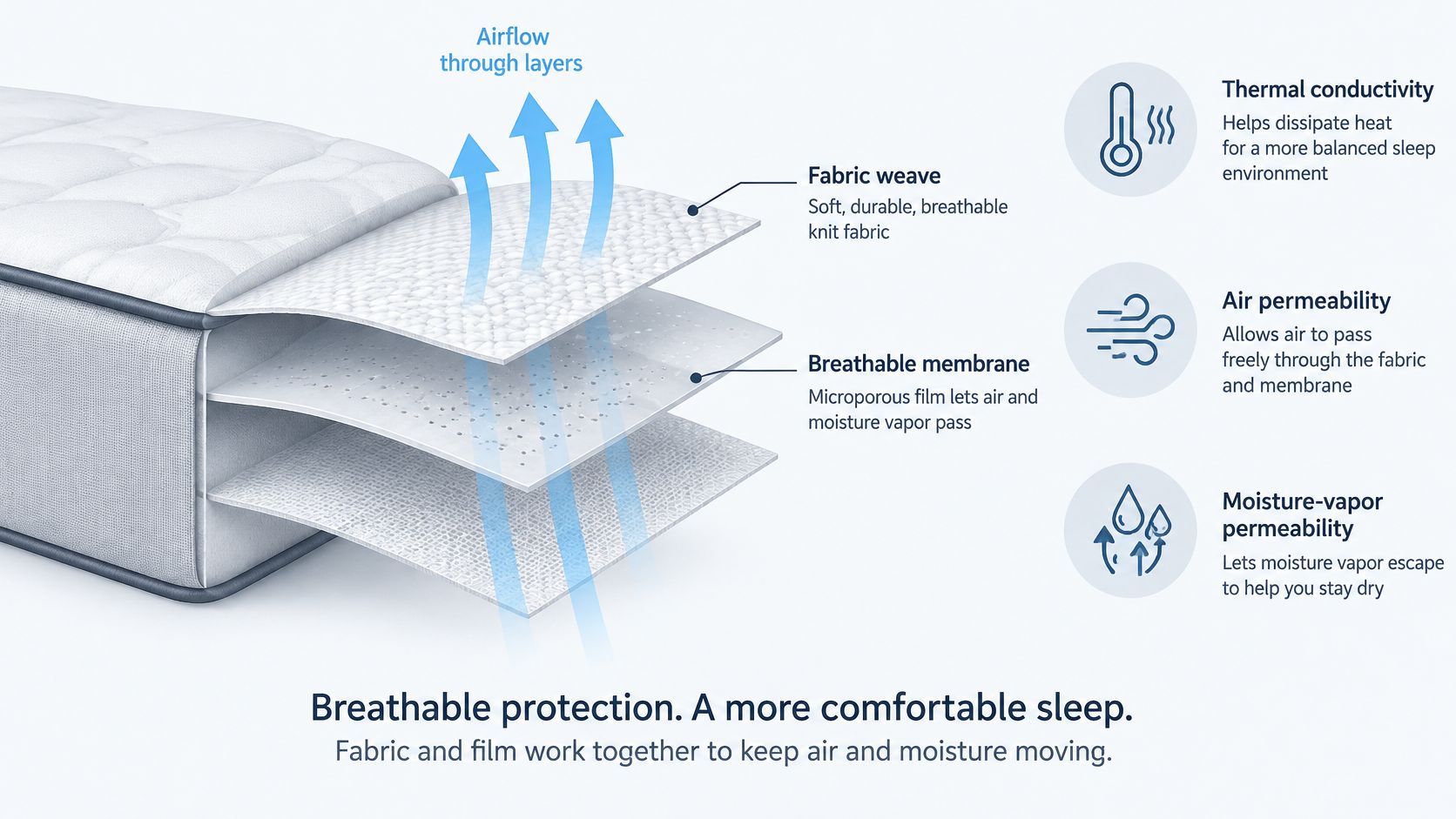 A diagram illustrating the layers of a cooling mattress encasement showing airflow through fabric and membrane technology.