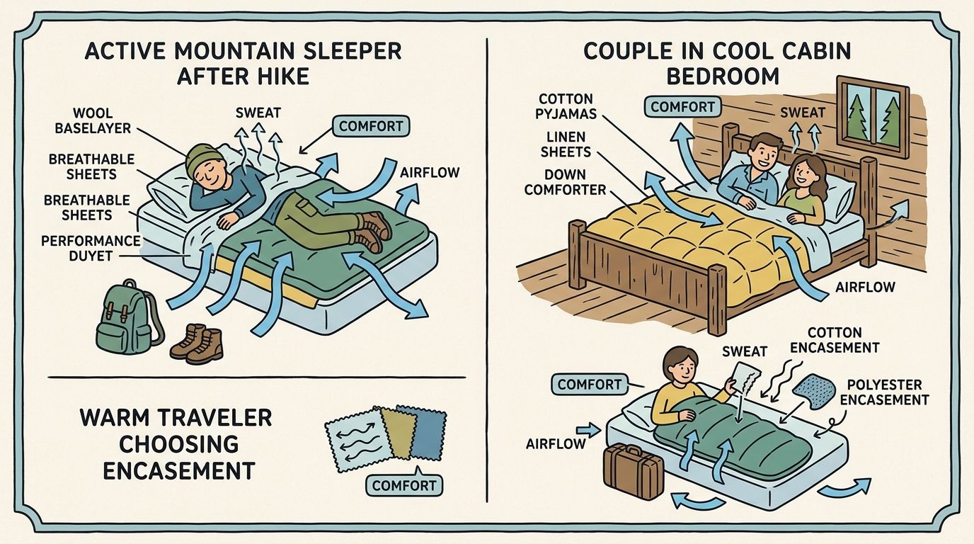 A diagram comparing sleep setups for different conditions including an active hiker and a couple in a cabin.