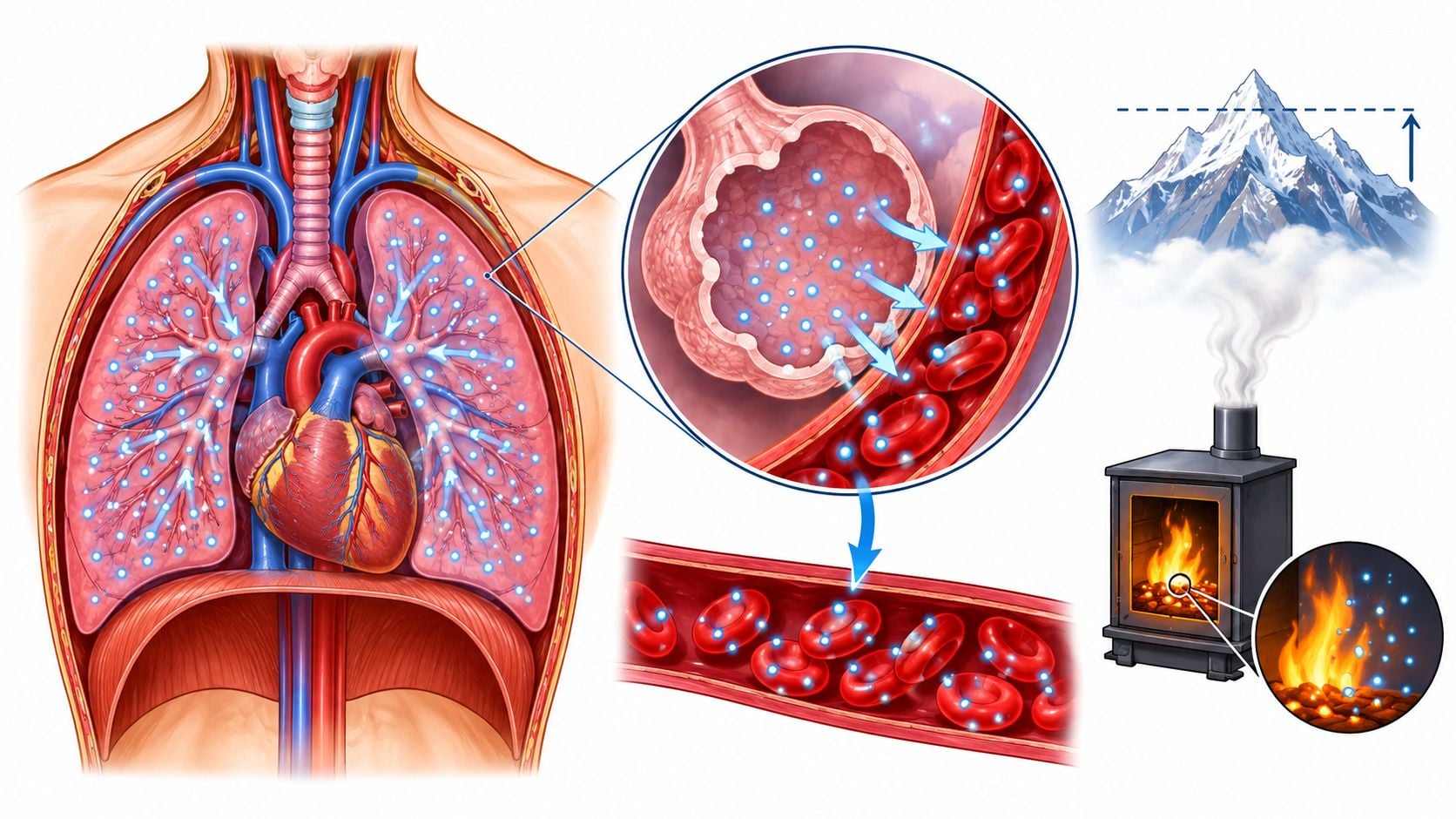 An illustration showing the physiological effects of high altitude on human respiration and oxygen transport in blood.