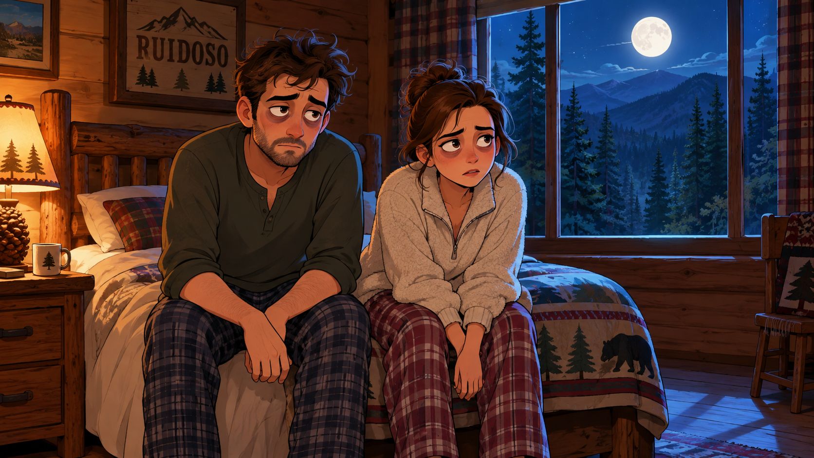A tired-looking couple sitting on their bed in a rustic cabin bedroom, struggling with poor sleep quality.