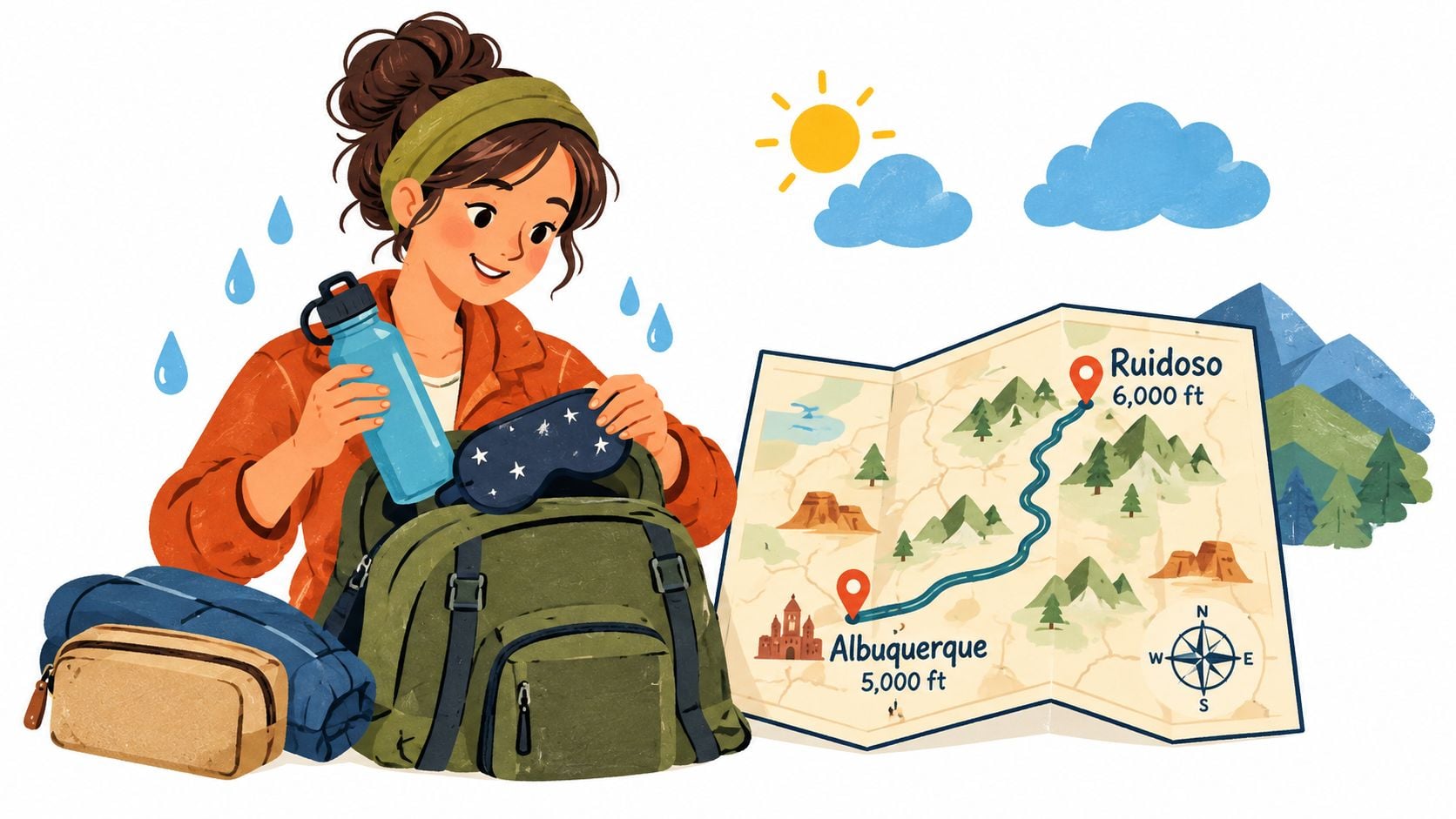 A traveler packing a bag with a water bottle and sleep mask, with a map showing travel altitude.