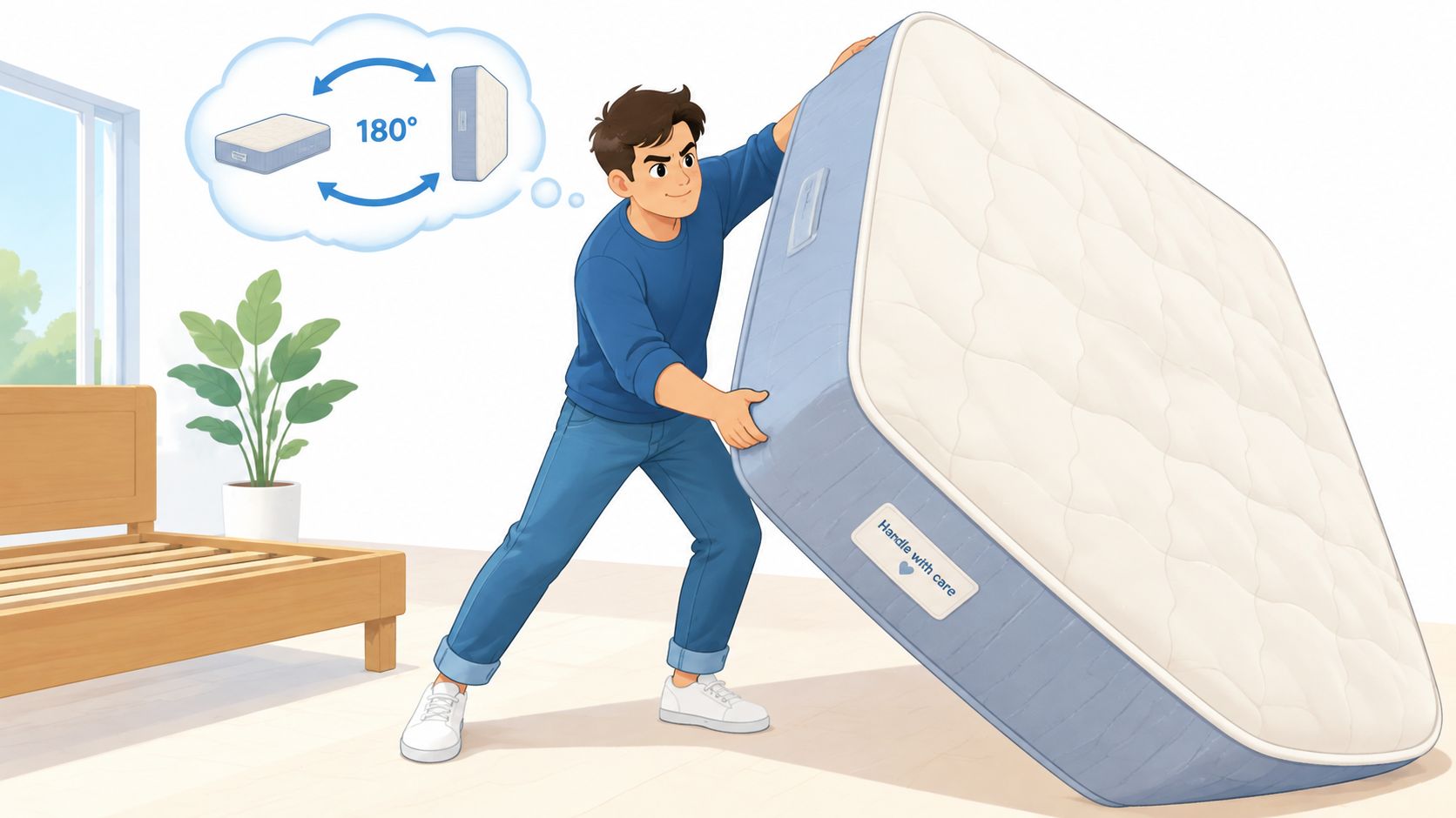 A young man standing in a bedroom while flipping a large mattress on its side to rotate it.