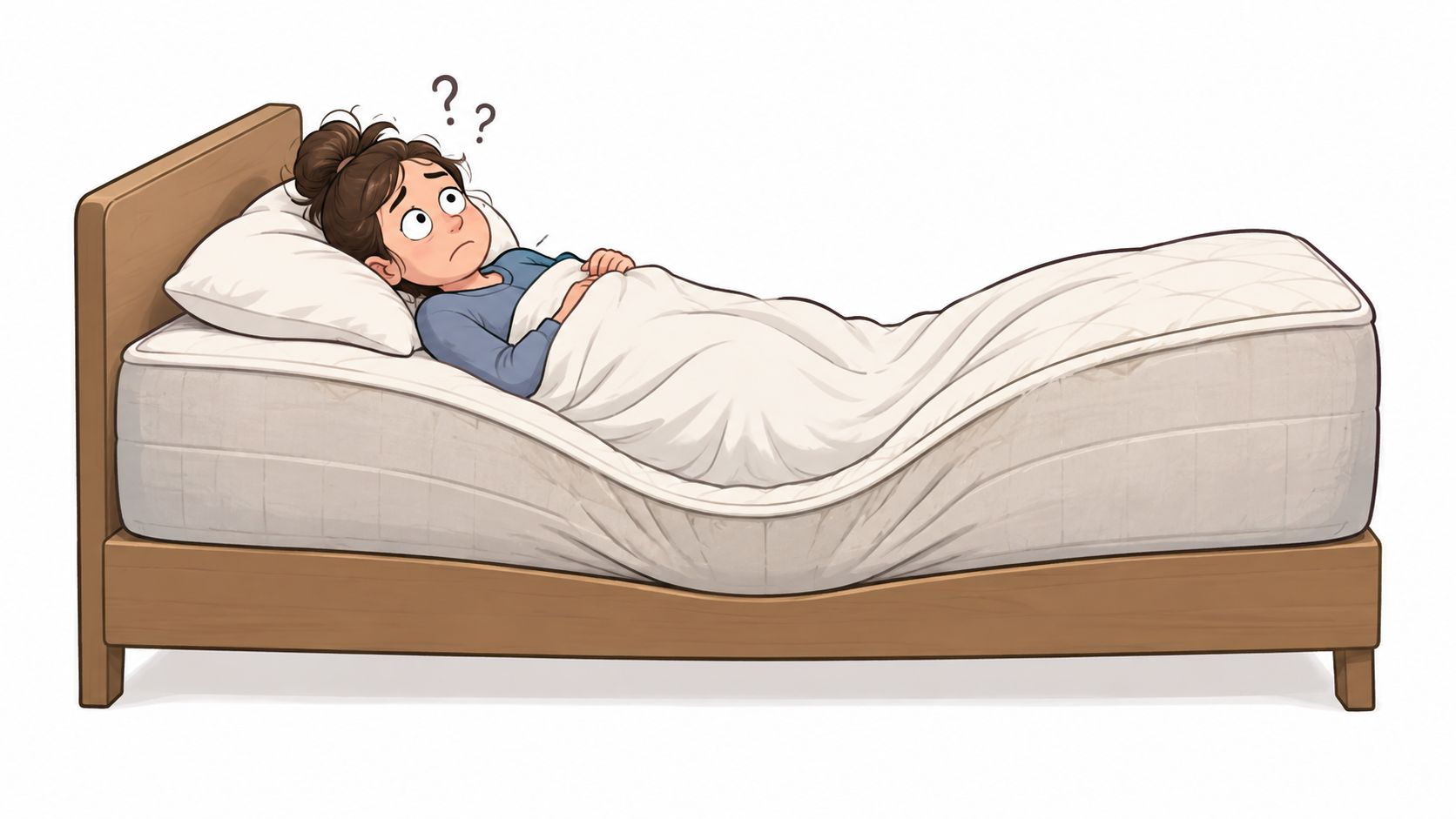 A worried woman lying on a sagging, uncomfortable mattress on a wooden bed frame, feeling confused.