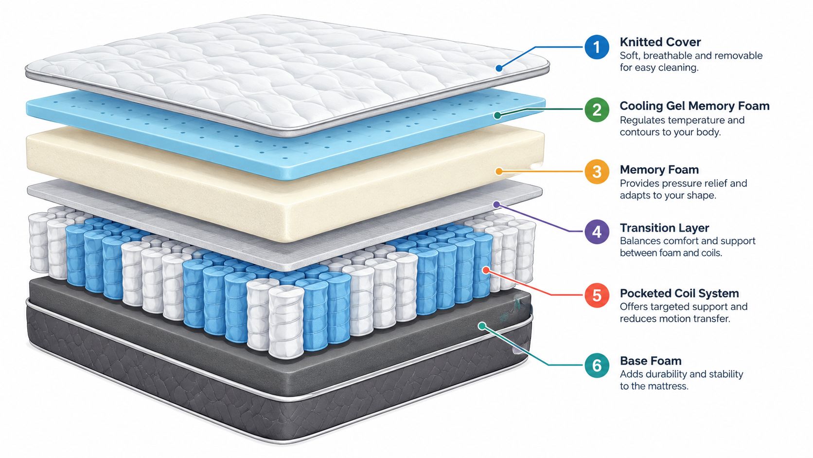 A cross-section illustration of a multi-layer hybrid mattress featuring memory foam, cooling gel, and pocketed coils.