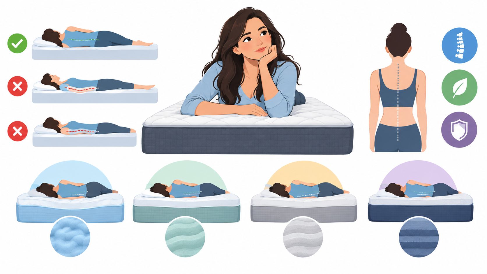 A woman demonstrating correct vs incorrect spinal alignment on different types of memory foam hybrid mattresses.